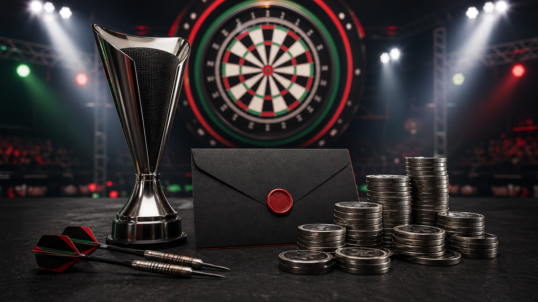 Professional darts players earnings featured image with trophy and prize money concept