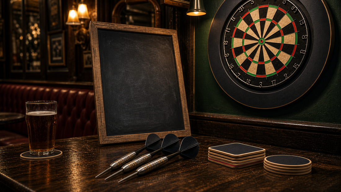 Slang for darts featured image with pub dartboard and blank chalkboard