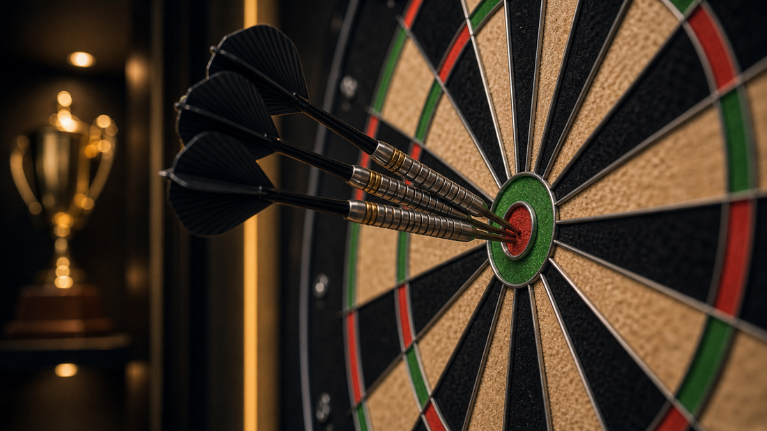 Three bullseyes in darts featured image with three darts clustered in bull area