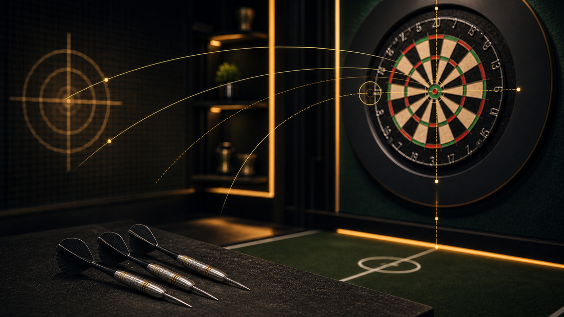 Trick to throwing darts featured image with alignment guide and dartboard