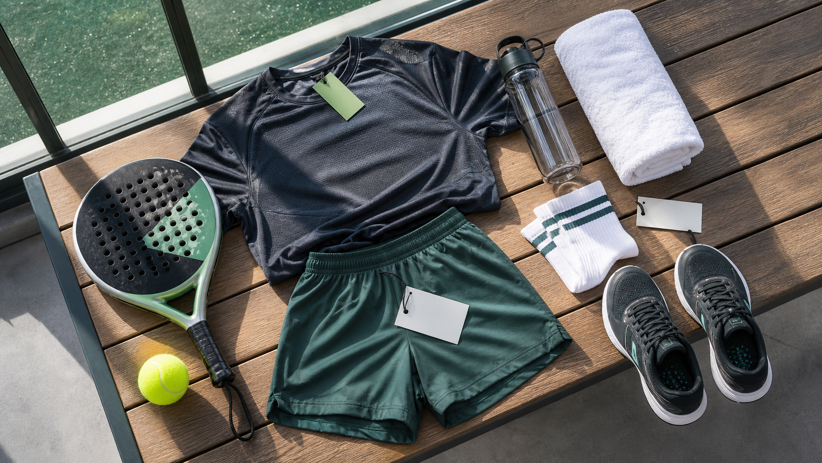 What to wear for padel featured image with clothing shoes and kit flat lay