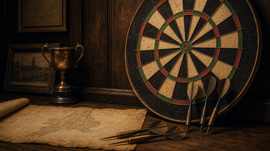 Which country invented darts featured image with vintage dartboard and old darts