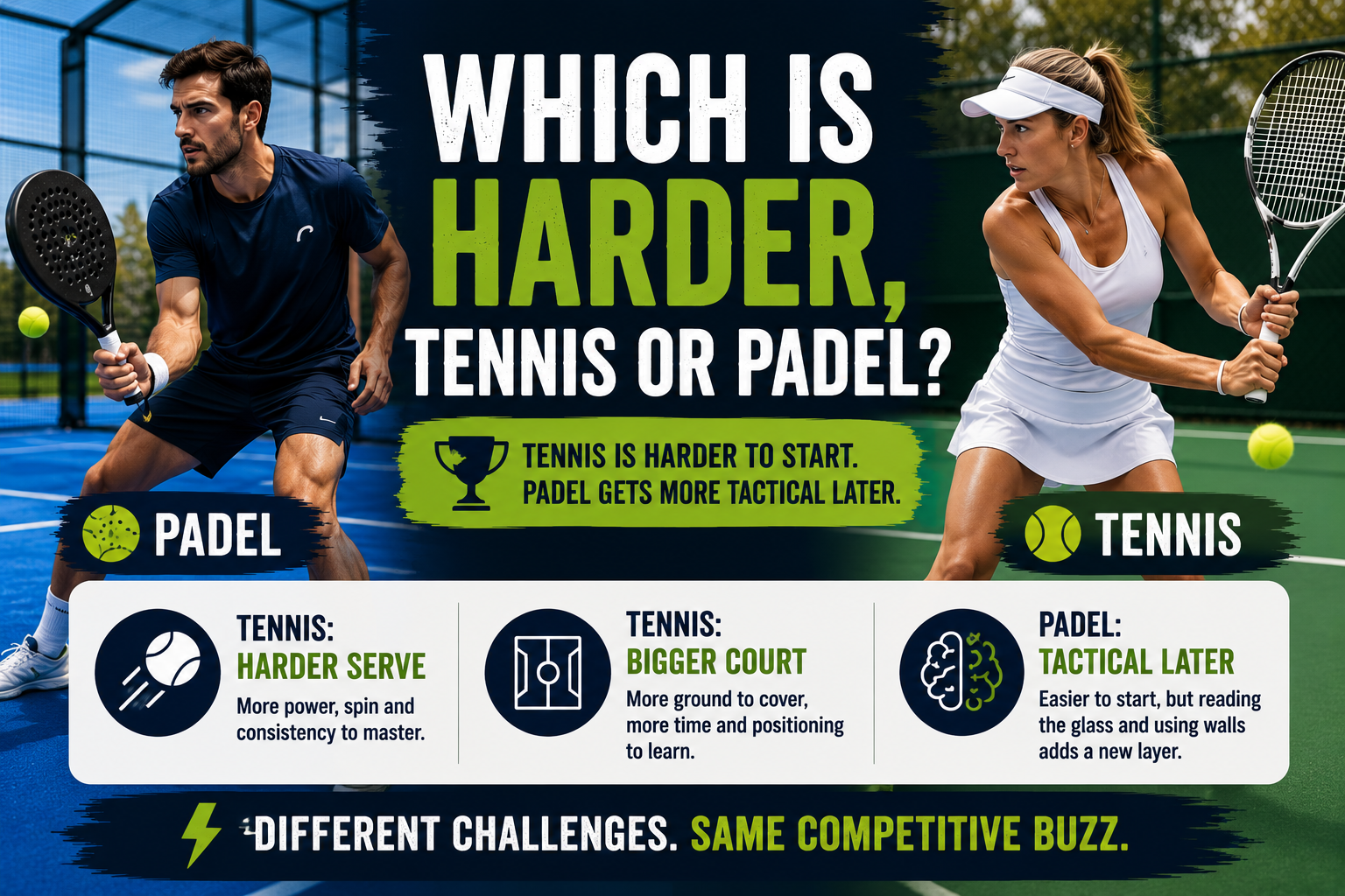 Split image of tennis and padel players with text explaining that tennis is harder to start, while padel becomes more tactical later.