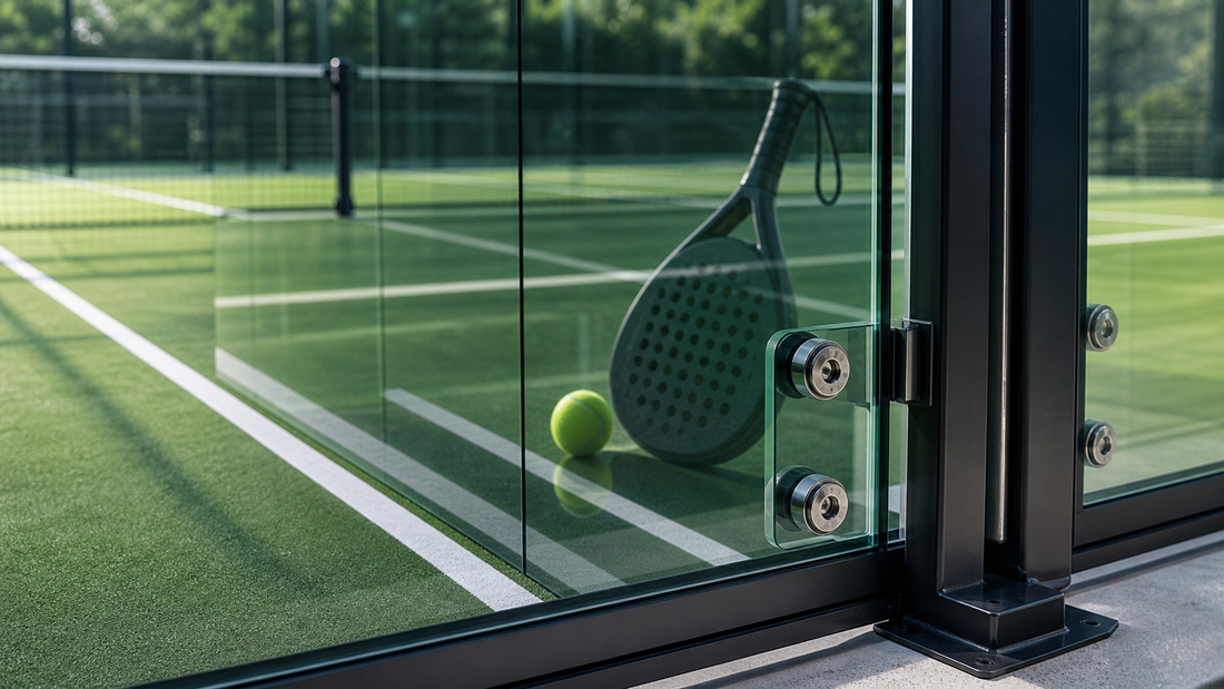 Padel glass walls featured image with court reflections and wall hardware