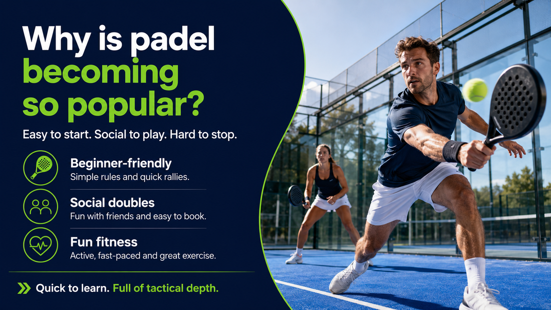 Padel players in action with text explaining that padel is beginner-friendly, social to play and a fun form of fitness.