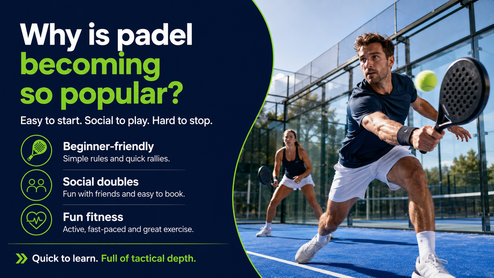 Padel players in action with text explaining that padel is beginner-friendly, social to play and a fun form of fitness.