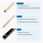 Spartan Fury CONQUEST 2 Piece Matching Ash Centre Joint Snooker Pool Cue 9.5mm Tip