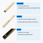 Spartan Fury CONQUEST 2 Piece Matching Ash Centre Joint Snooker Pool Cue 9.5mm Tip