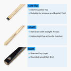 Spartan Fury CONQUEST 2 Piece Matching Ash Centre Joint Snooker Pool Cue 9.5mm Tip