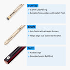 Kudos DIAMOND 57 Inch 2 Piece Matching Ash Grain Snooker Pool Cue - 9.5mm Tip