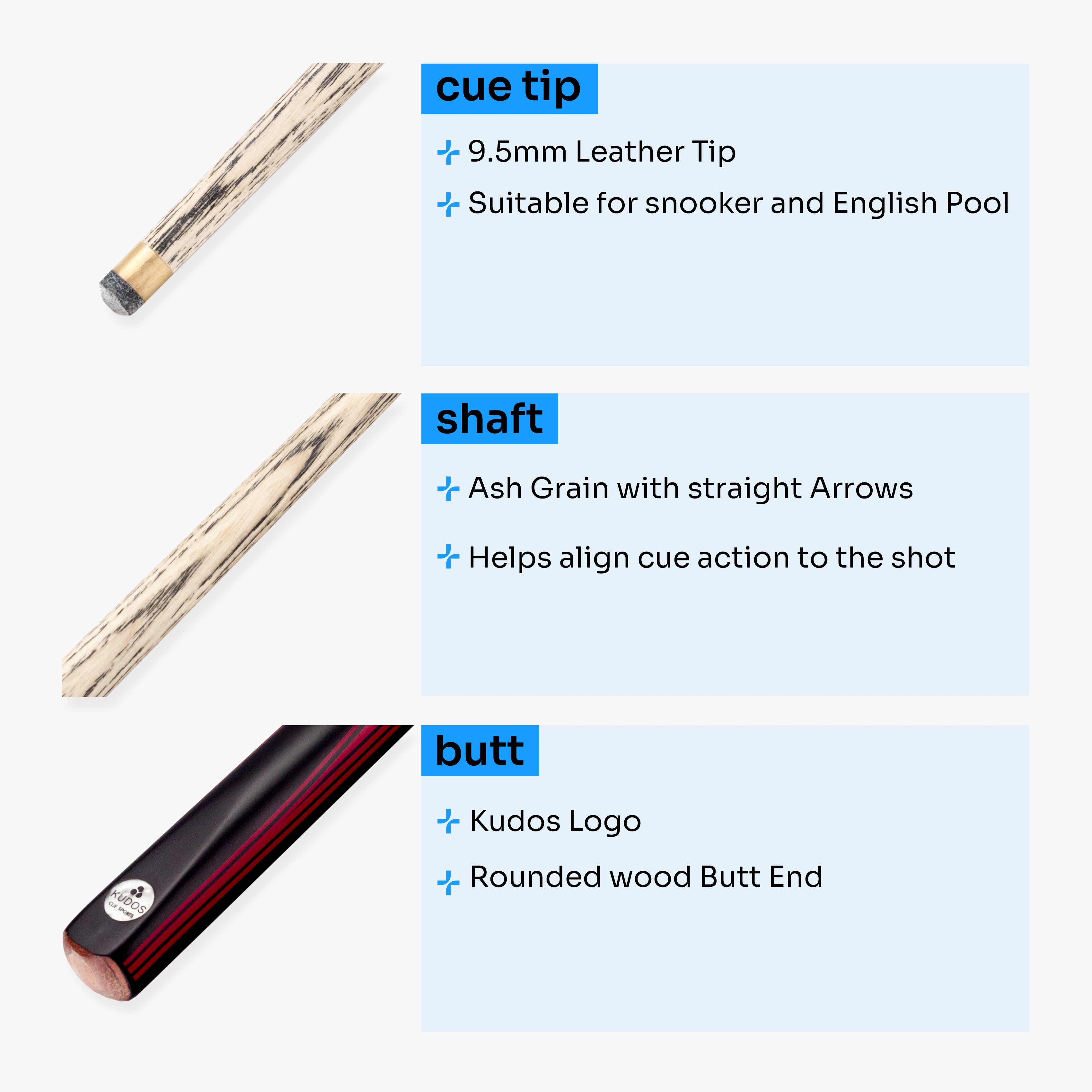 Kudos DIAMOND 57 Inch 2 Piece Matching Ash Grain Snooker Pool Cue - 9.5mm Tip