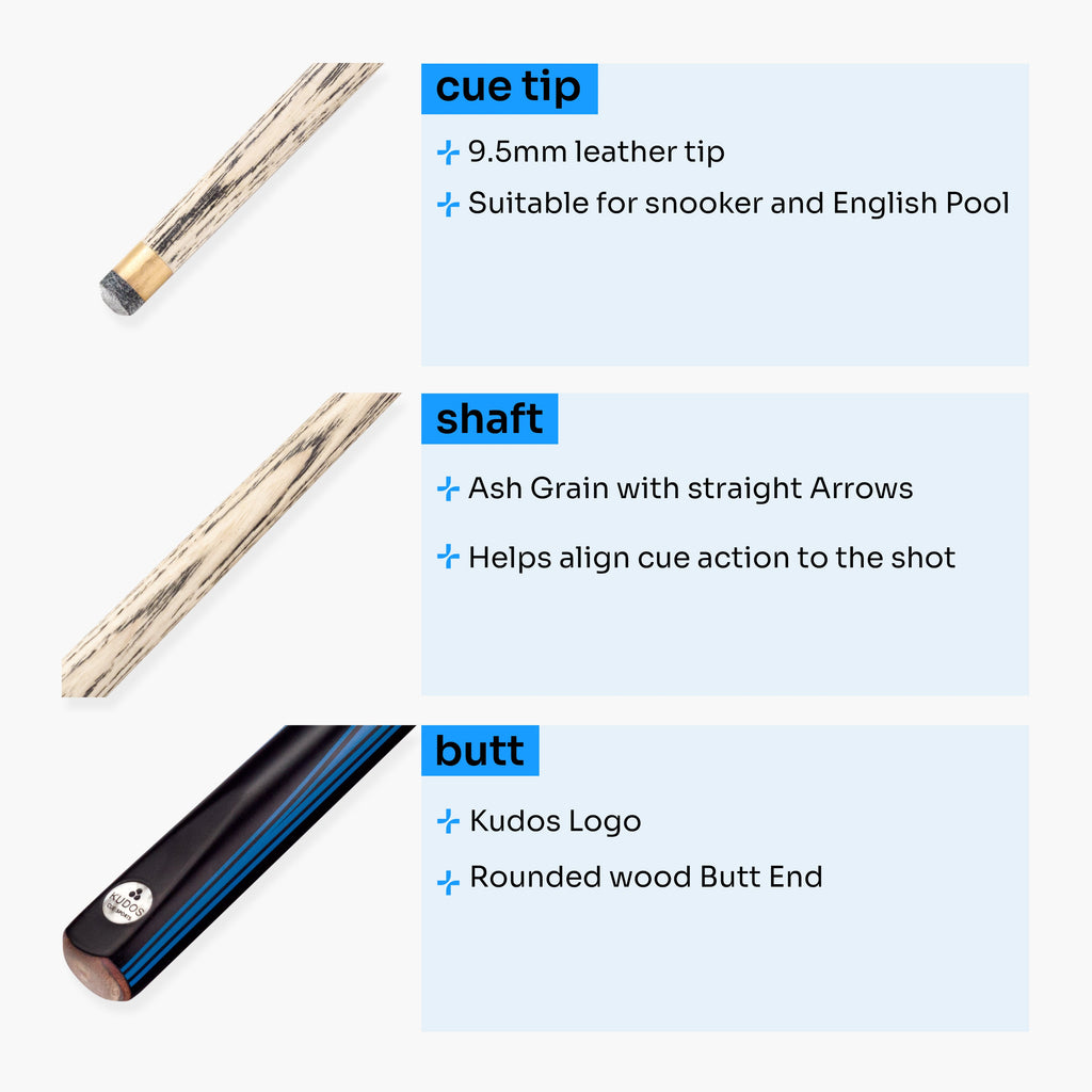 Kudos DIAMOND 57 Inch 2 Piece Matching Ash Grain Snooker Pool Cue - 9.5mm Tip