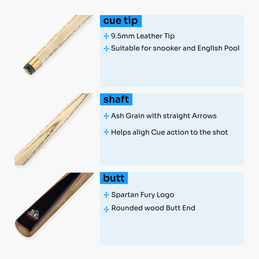 Spartan Fury CONQUEST 2 Piece Matching Ash Centre Joint Snooker Pool Cue 9.5mm Tip