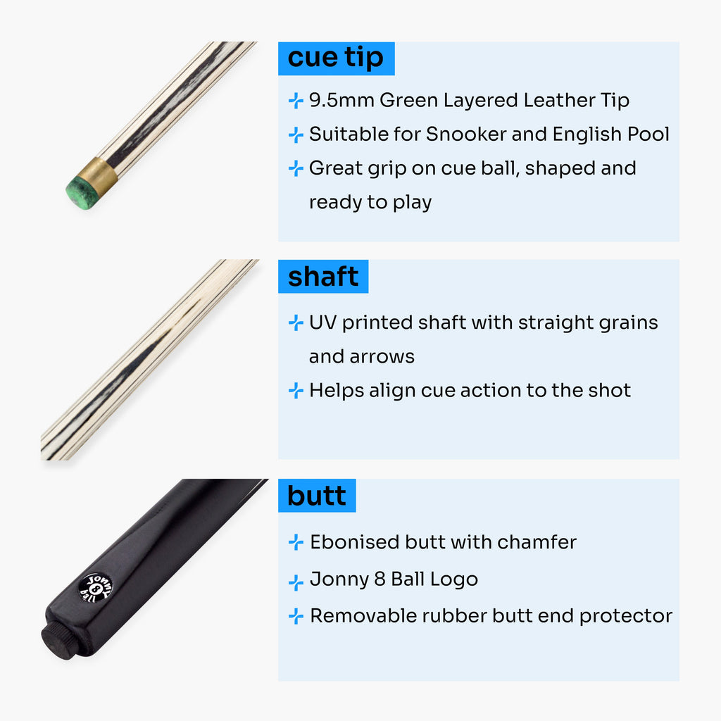 Jonny 8 Ball Panther 57 Inch 2 Piece Centre Joint UV Printed Snooker and Pool Cue with 9.5mm Green Layered Tip