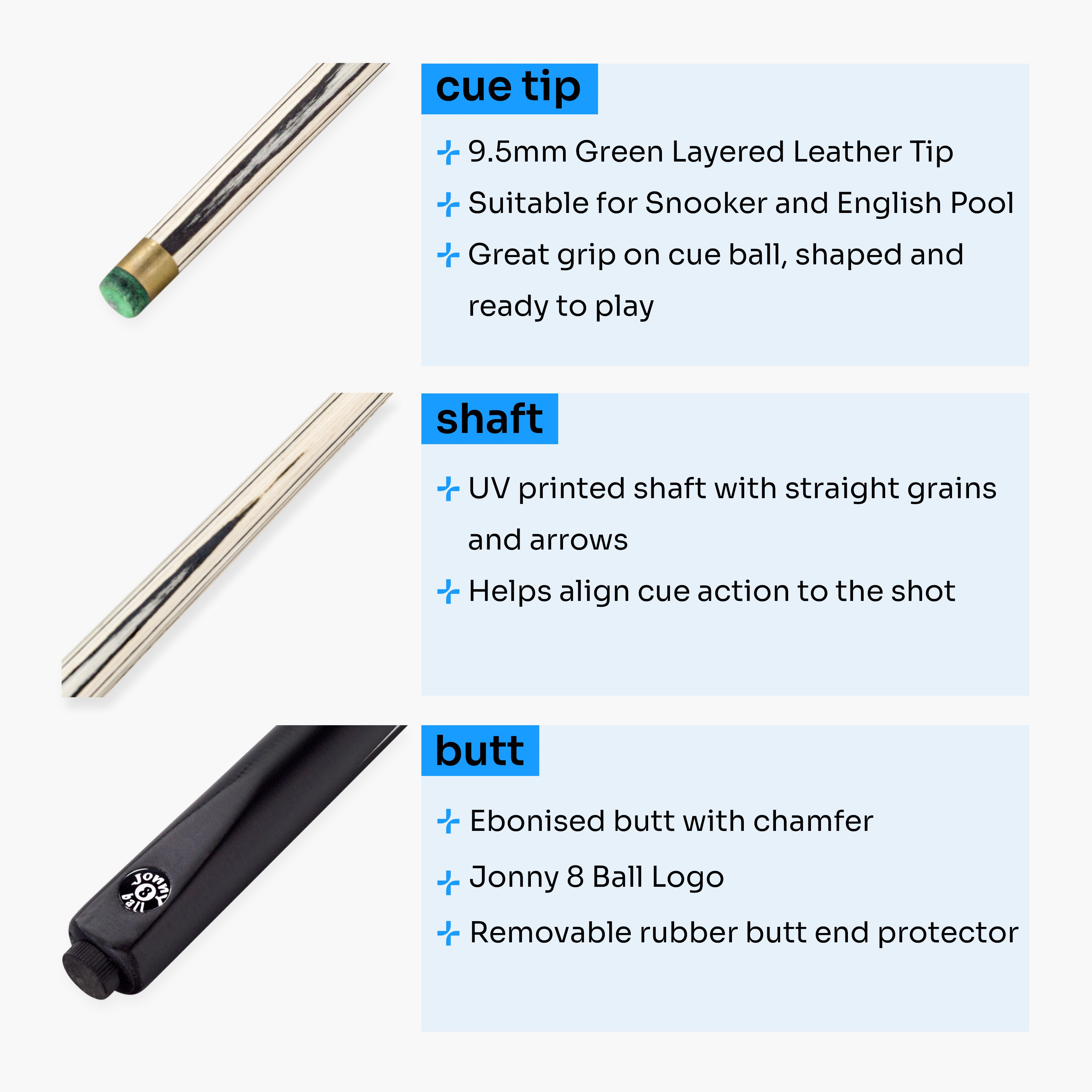 Jonny 8 Ball Panther 57 Inch 2 Piece Centre Joint UV Printed Snooker and Pool Cue with 9.5mm Green Layered Tip