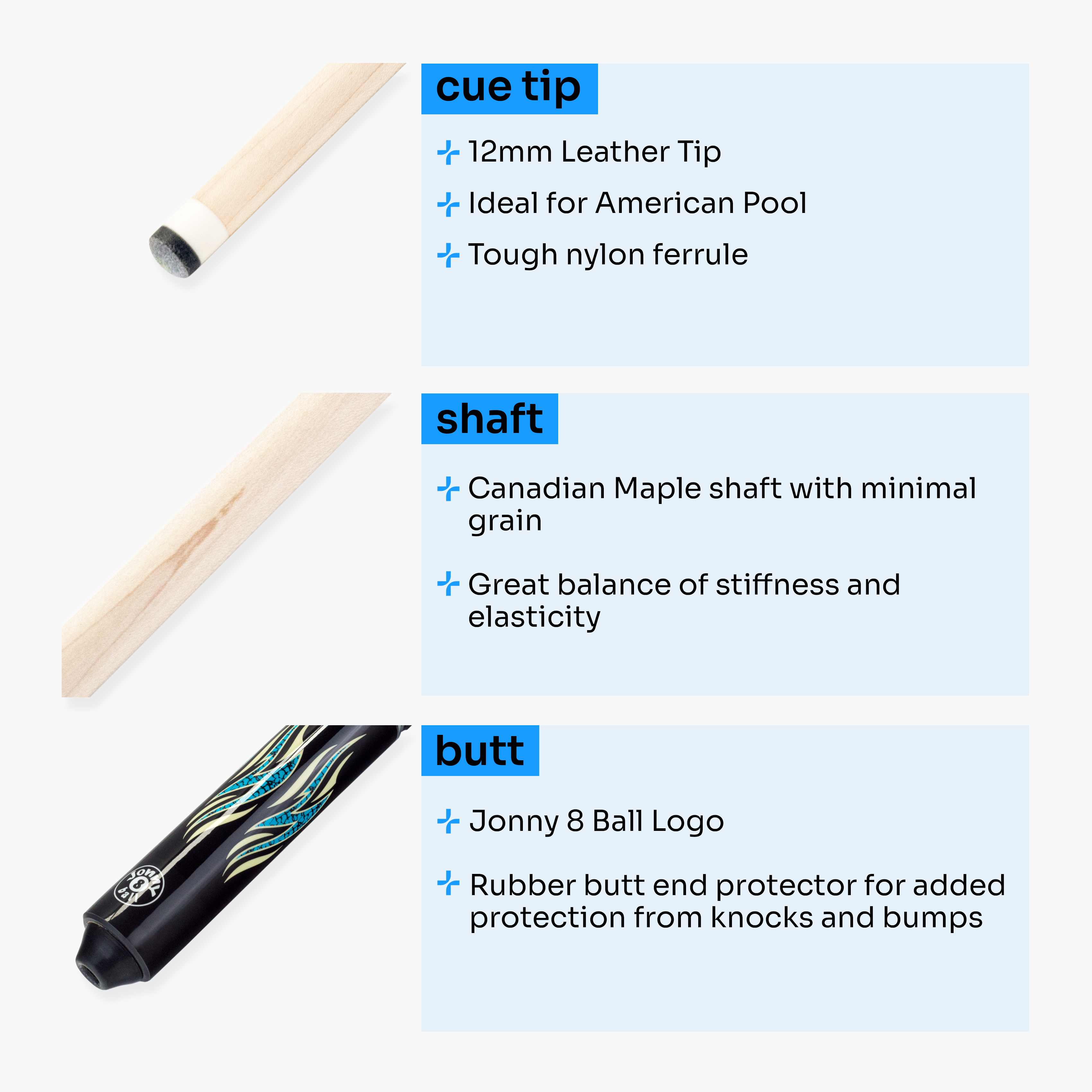 Jonny 8 Ball blue 58-inch American pool cue