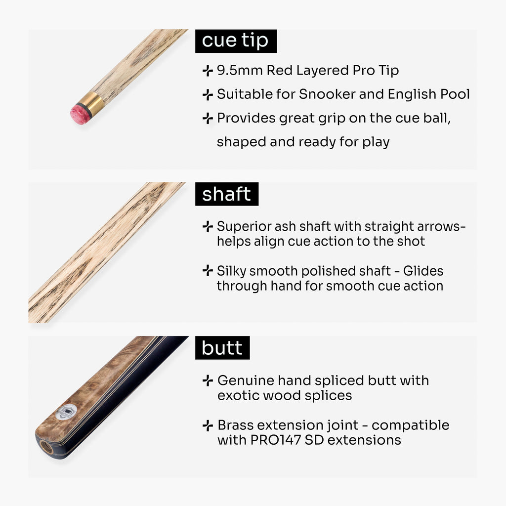PRO147 Pearl Series Gold Burl 3/4 Joint Cue with 9.5mm Professional Red Leather Tip
