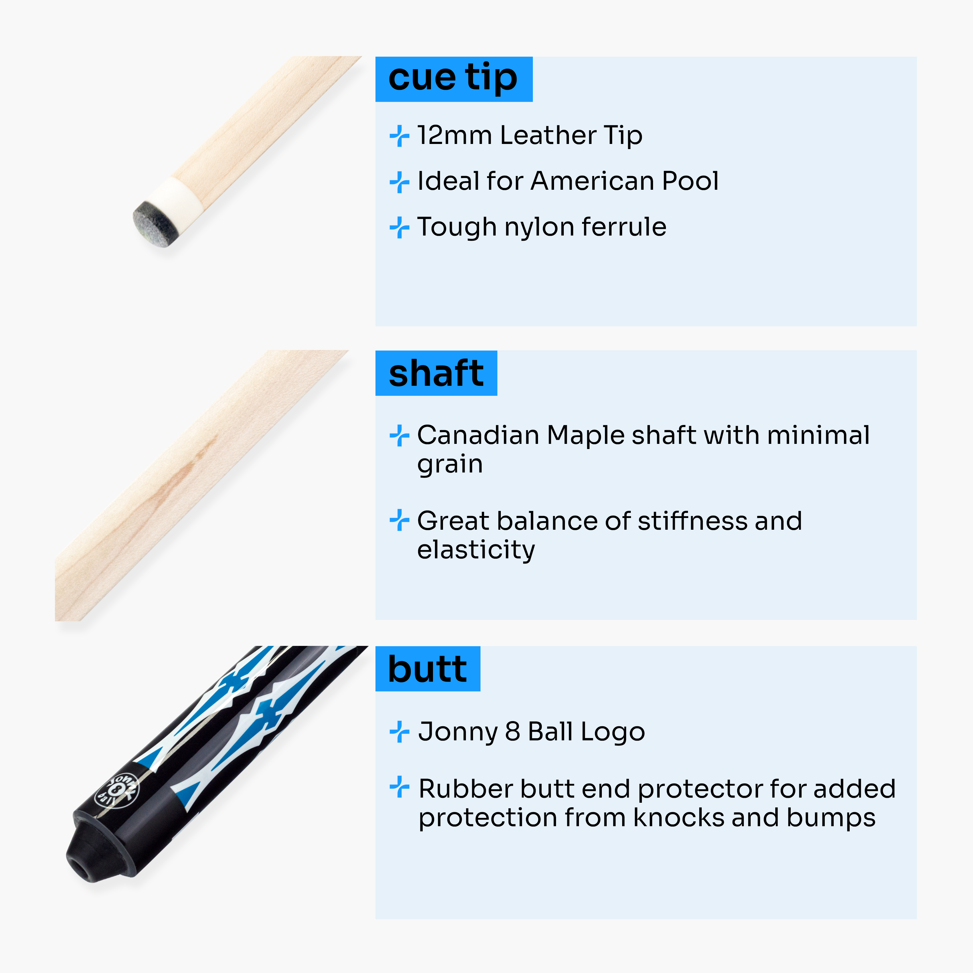 Jonny 8 Ball blue 58-inch American pool cue