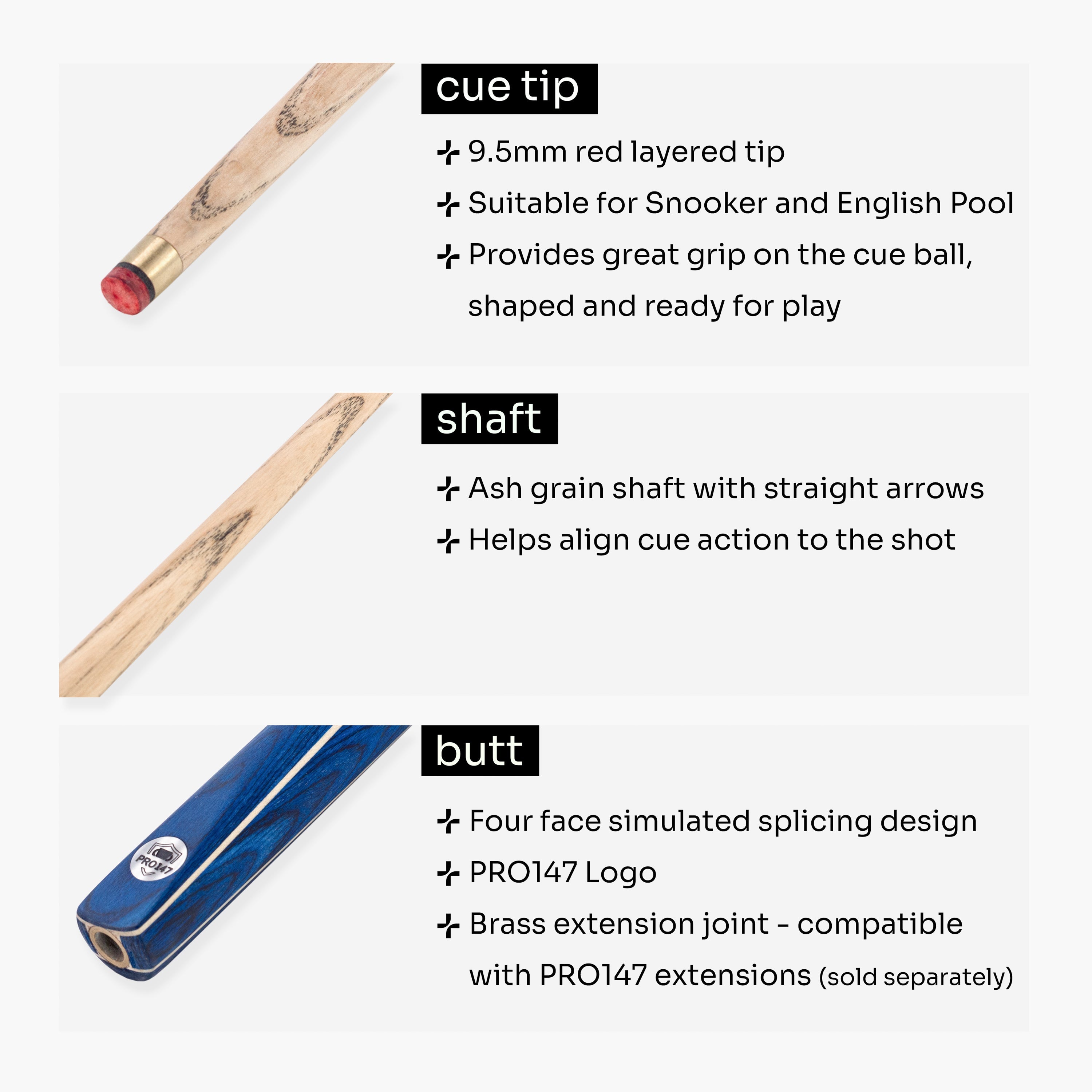 PRO147 Windsor 57 Inch 2 Piece Ash Snooker and Pool Cue with 9.5mm Tip