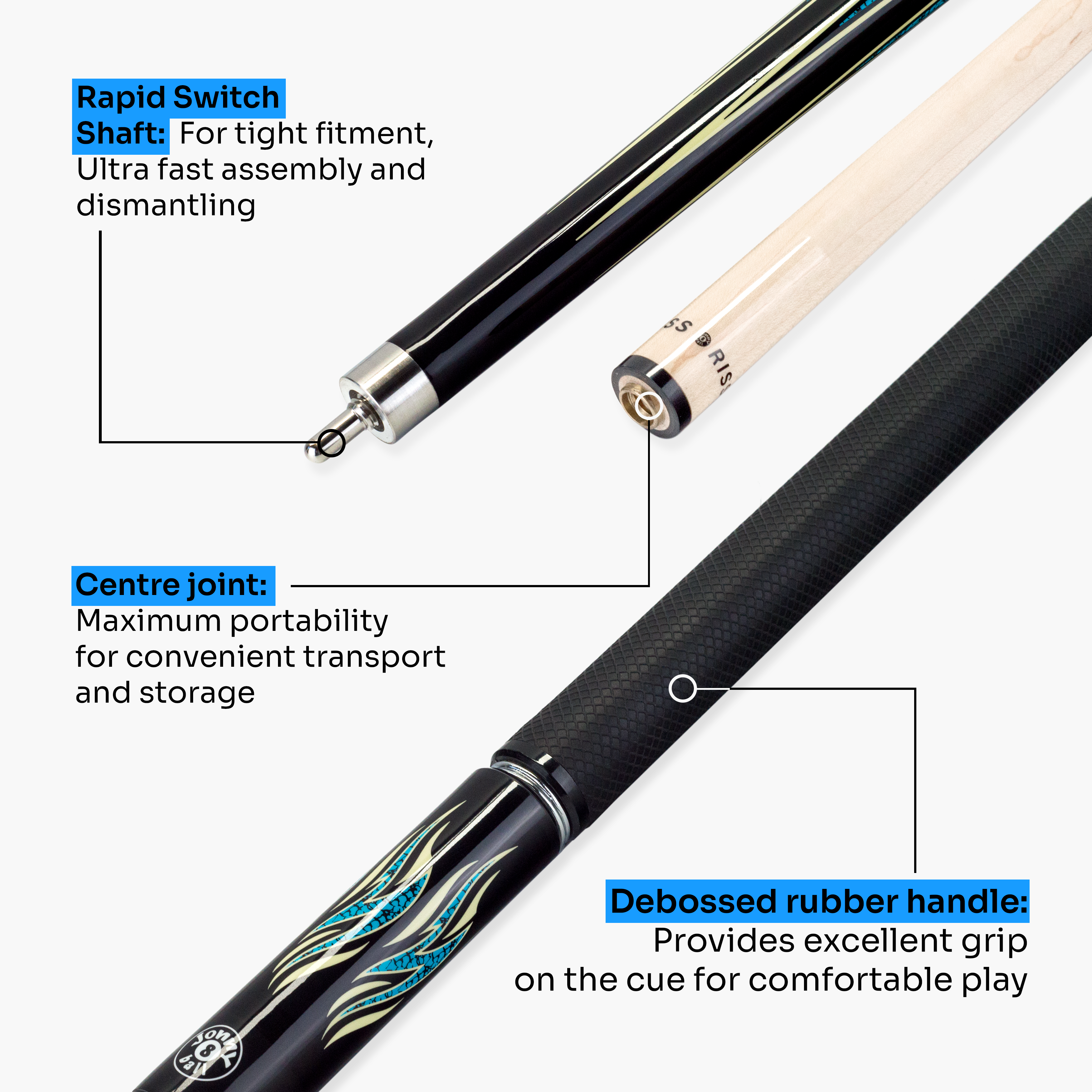 Jonny 8 Ball blue 58-inch American pool cue