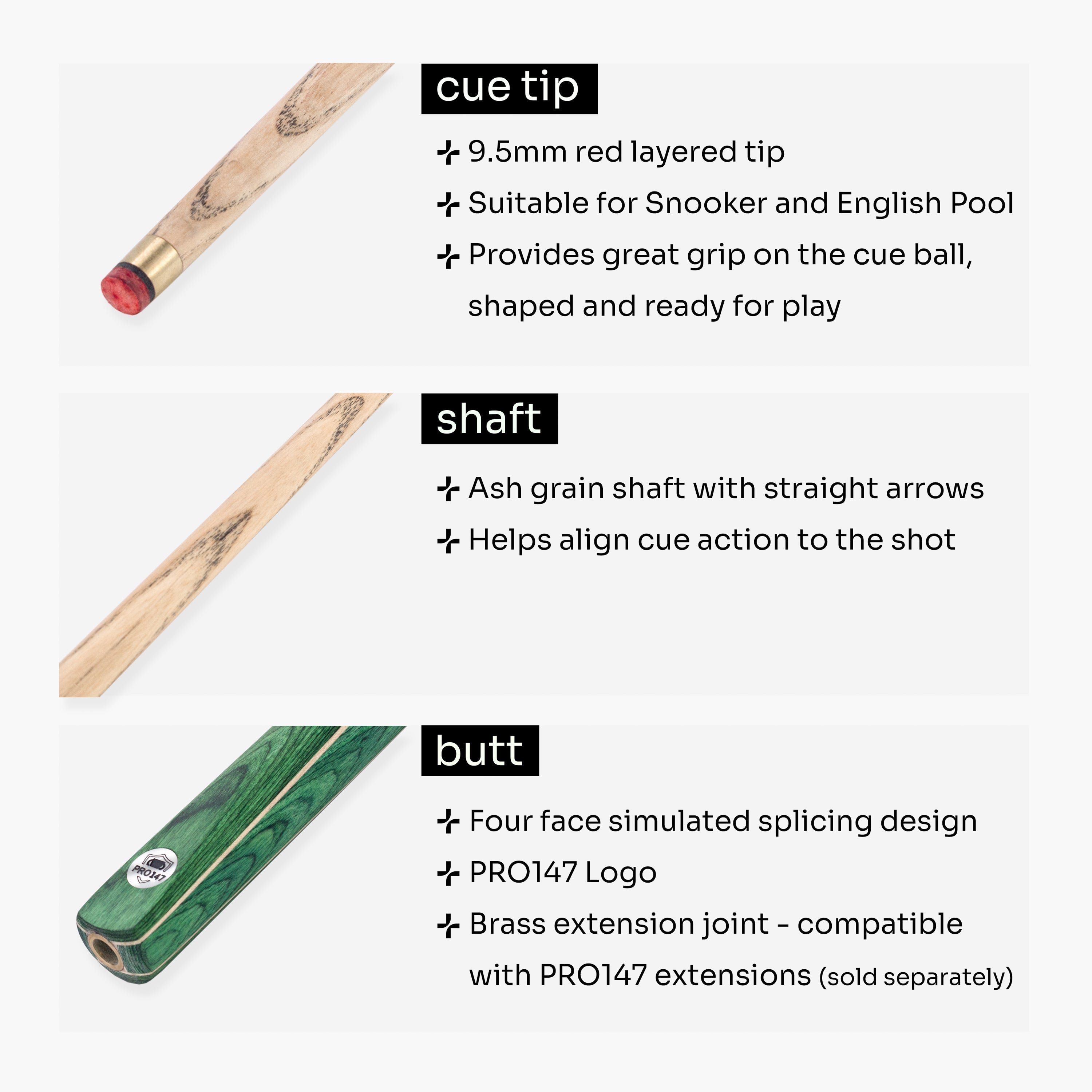 PRO147 Windsor 57 Inch 2 Piece Ash Snooker and Pool Cue with 9.5mm Tip