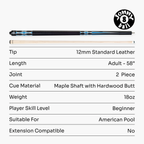 Jonny 8 Ball blue 58-inch American pool cue