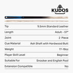 Kudos DIAMOND 57 Inch 2 Piece Matching Ash Grain Snooker Pool Cue - 9.5mm Tip