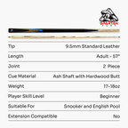 Spartan Fury CONQUEST 2 Piece Matching Ash Centre Joint Snooker Pool Cue 9.5mm Tip
