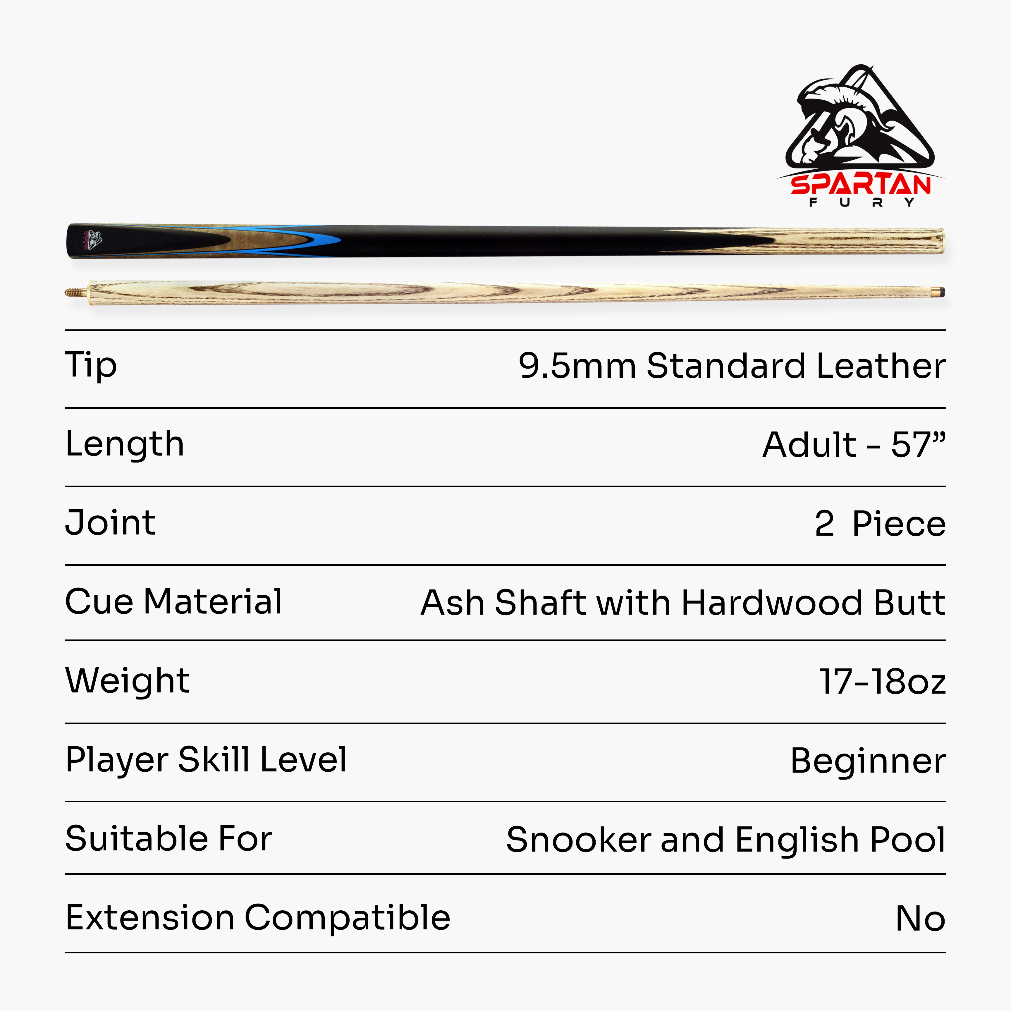 Spartan Fury CONQUEST 2 Piece Matching Ash Centre Joint Snooker Pool Cue 9.5mm Tip