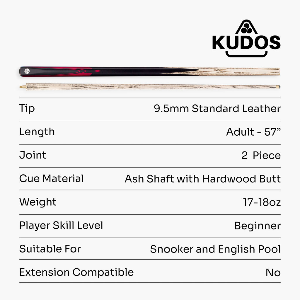 Kudos DIAMOND 57 Inch 2 Piece Matching Ash Grain Snooker Pool Cue - 9.5mm Tip