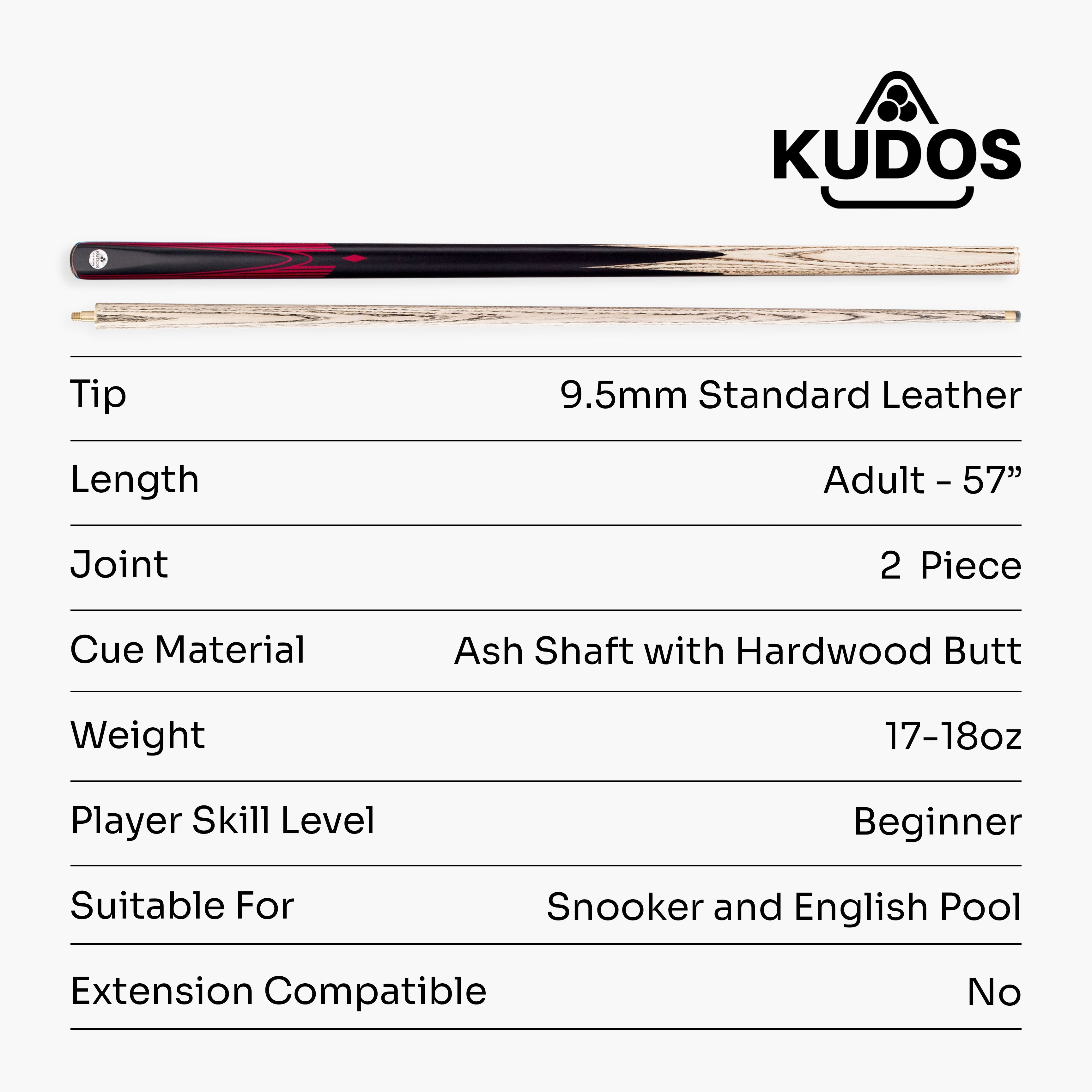 Kudos DIAMOND 57 Inch 2 Piece Matching Ash Grain Snooker Pool Cue - 9.5mm Tip
