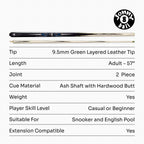 Jonny 8 Ball Panther 57 Inch 2 Piece Centre Joint UV Printed Snooker and Pool Cue with 9.5mm Green Layered Tip