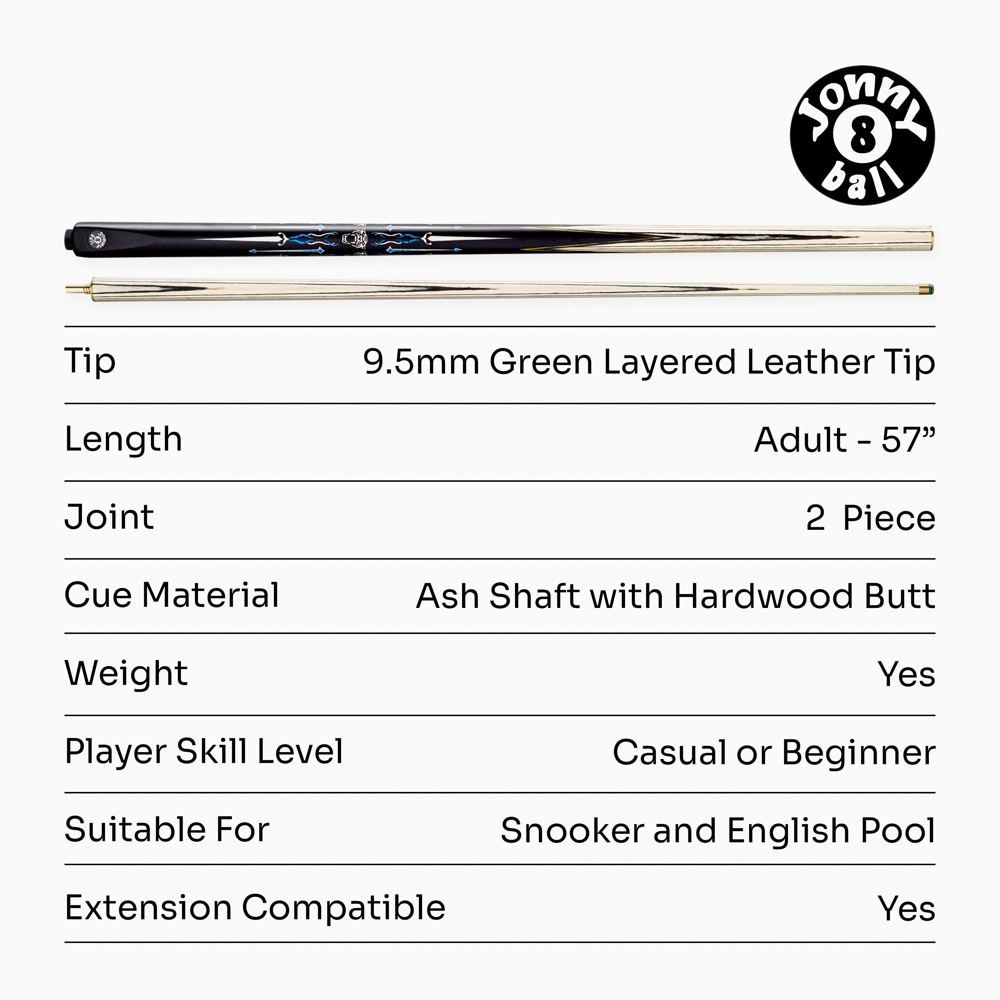 Jonny 8 Ball Panther 57 Inch 2 Piece Centre Joint UV Printed Snooker and Pool Cue with 9.5mm Green Layered Tip