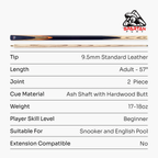 Spartan Fury CONQUEST 2 Piece Matching Ash Centre Joint Snooker Pool Cue 9.5mm Tip