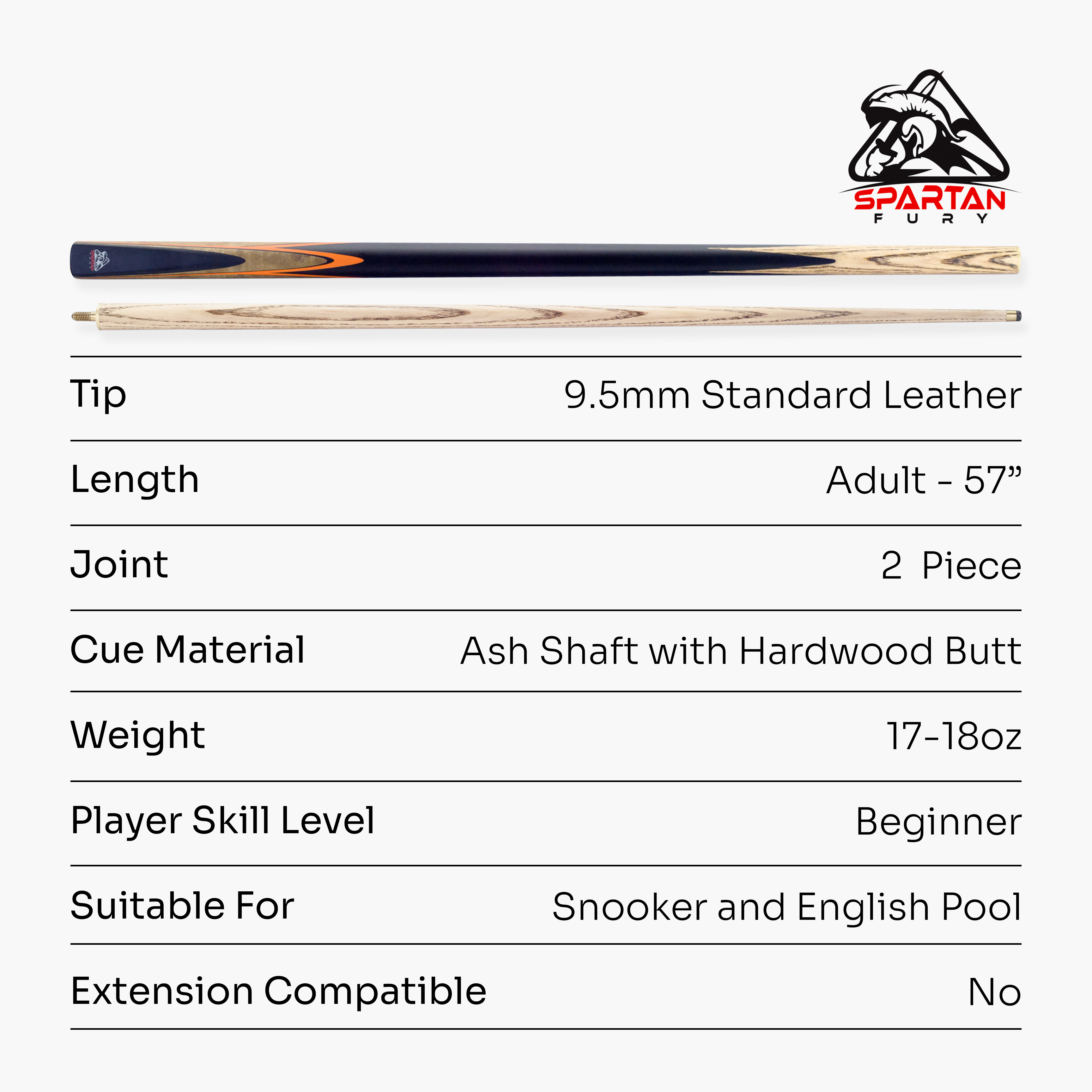 Spartan Fury CONQUEST 2 Piece Matching Ash Centre Joint Snooker Pool Cue 9.5mm Tip