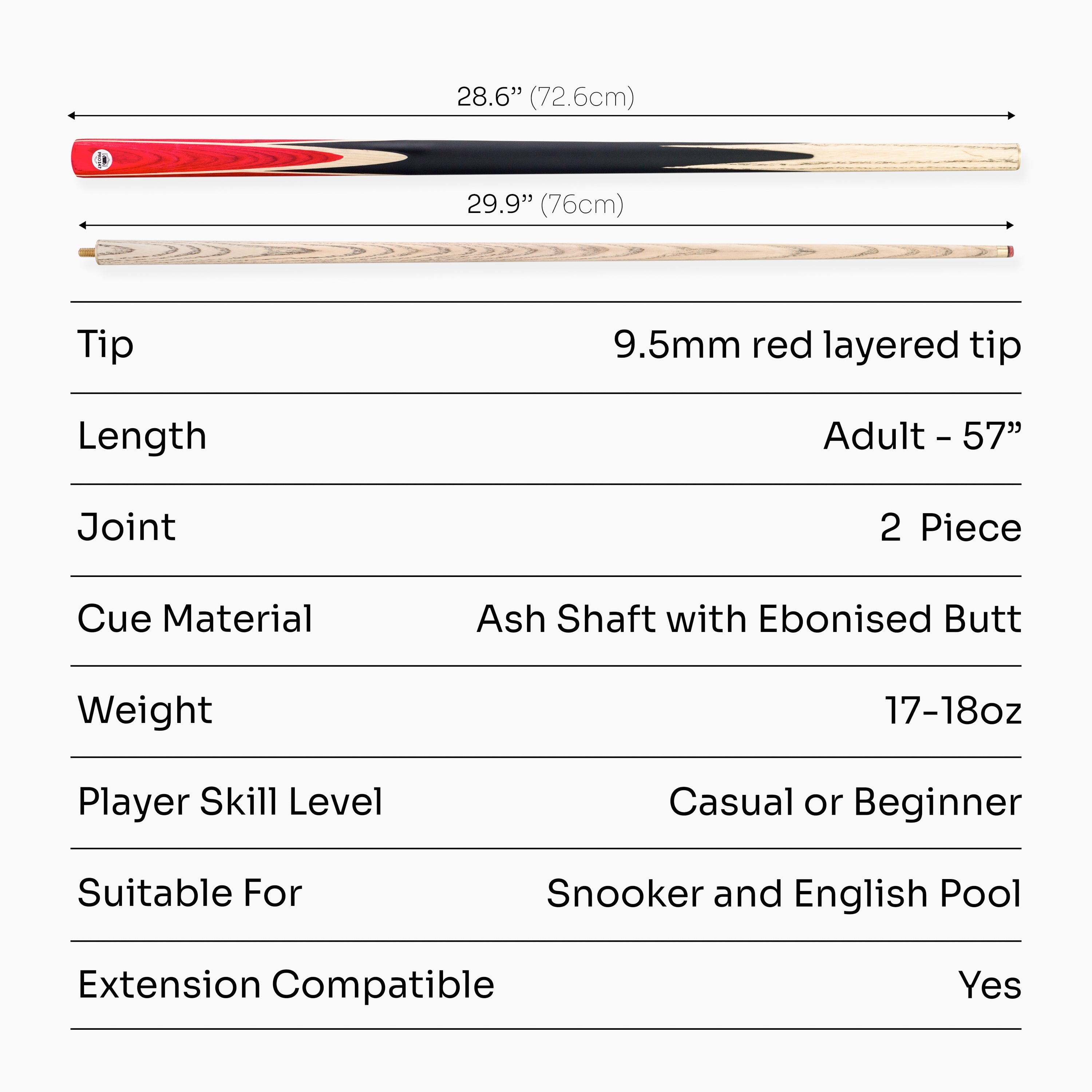 PRO147 Windsor 2 Piece Snooker and Pool Cue and Case Set 9.5mm Red Professional Tip
