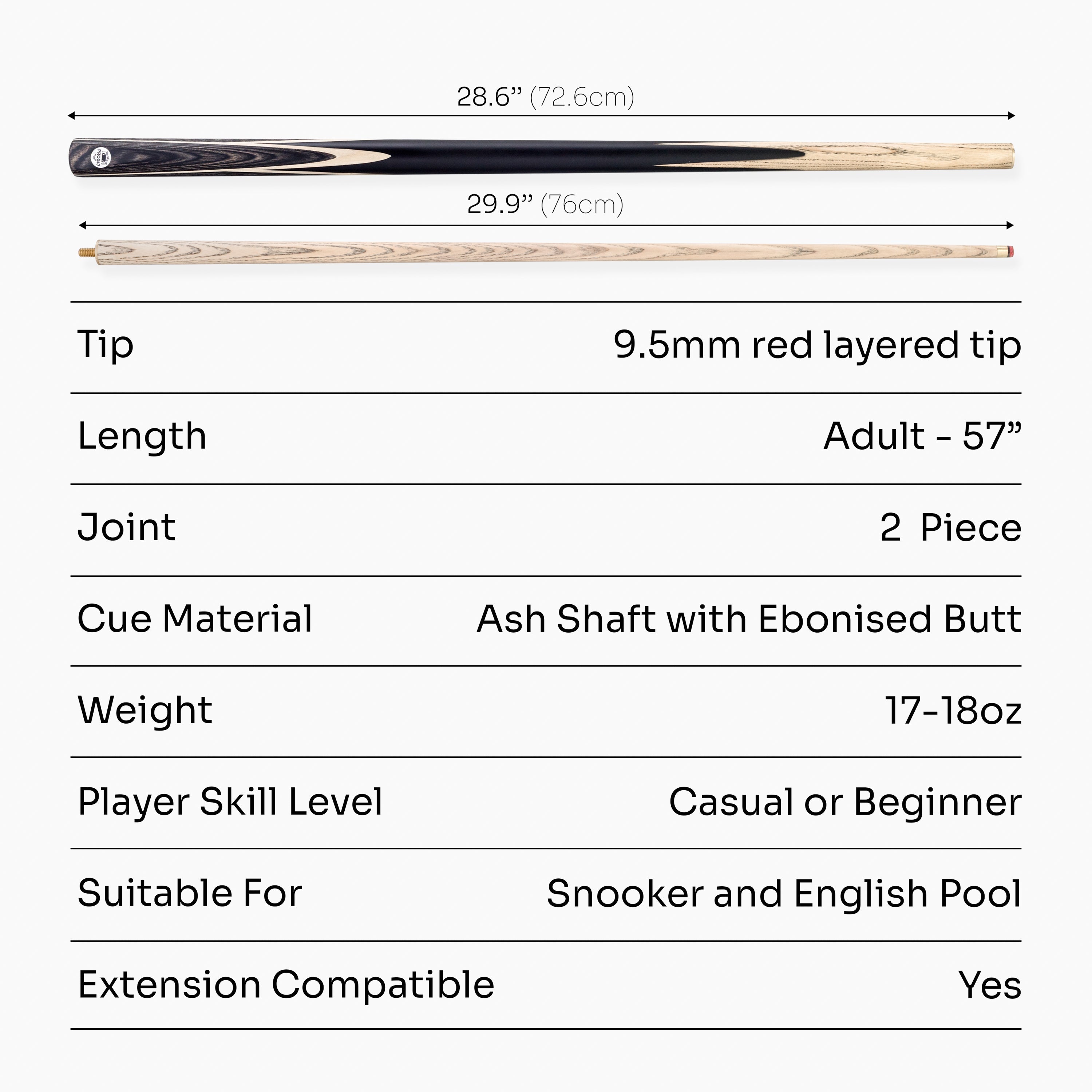 PRO147 Windsor 57 Inch 2 Piece Ash Snooker and Pool Cue with 9.5mm Tip