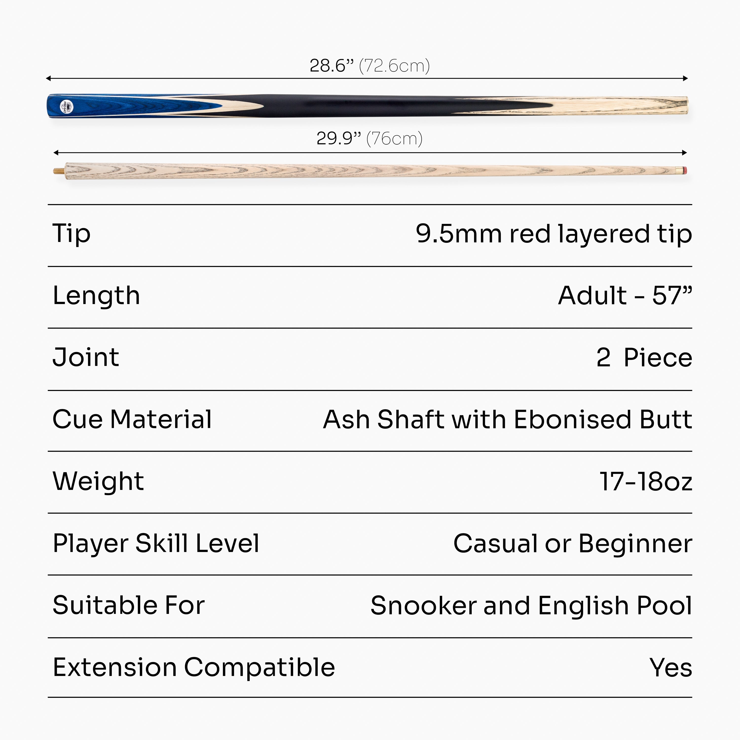 PRO147 Windsor 57 Inch 2 Piece Ash Snooker and Pool Cue with 9.5mm Tip