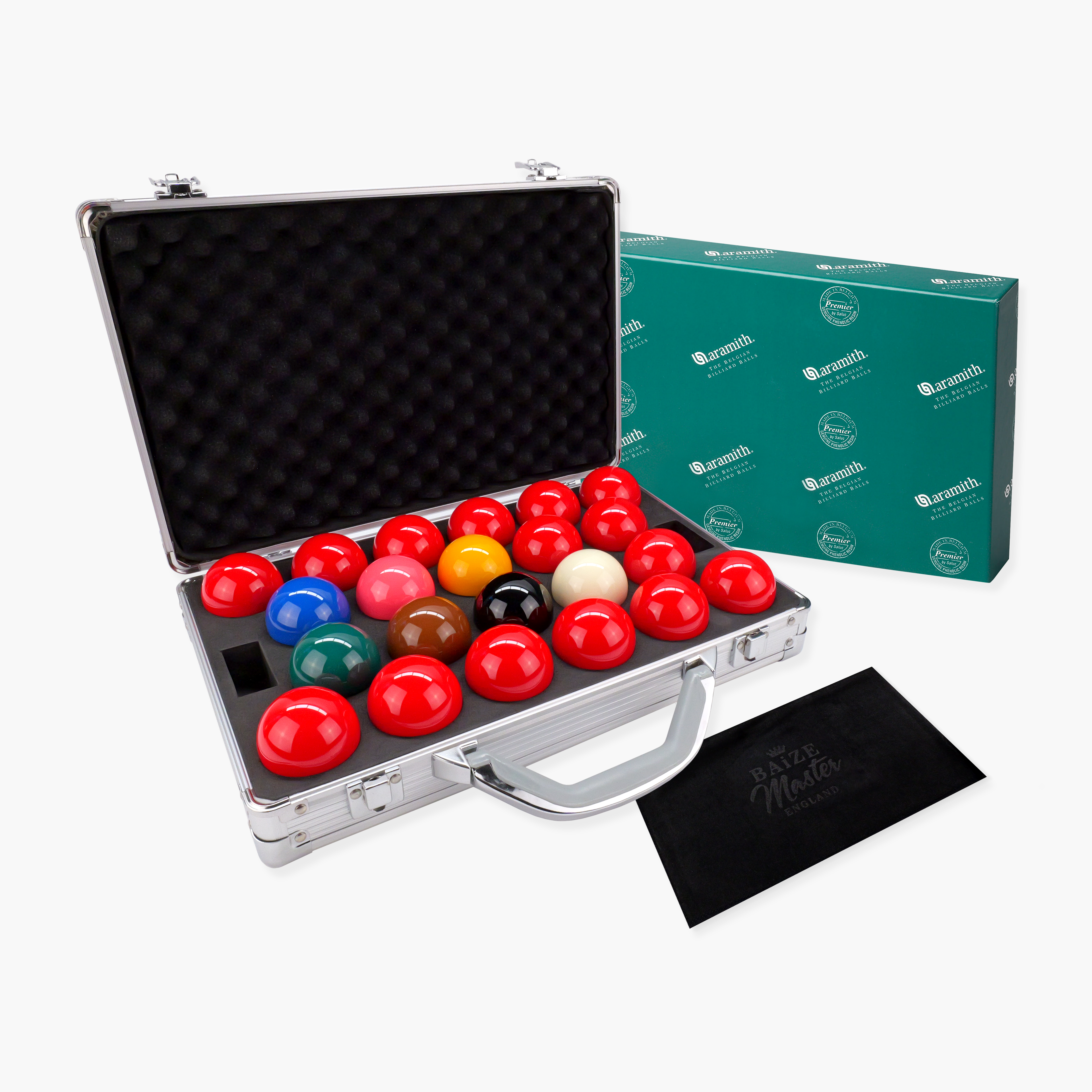 Aramith Premier 2 1/16" Full Size 22 Snooker Balls with Baize Master Silver Ball Case and Towel