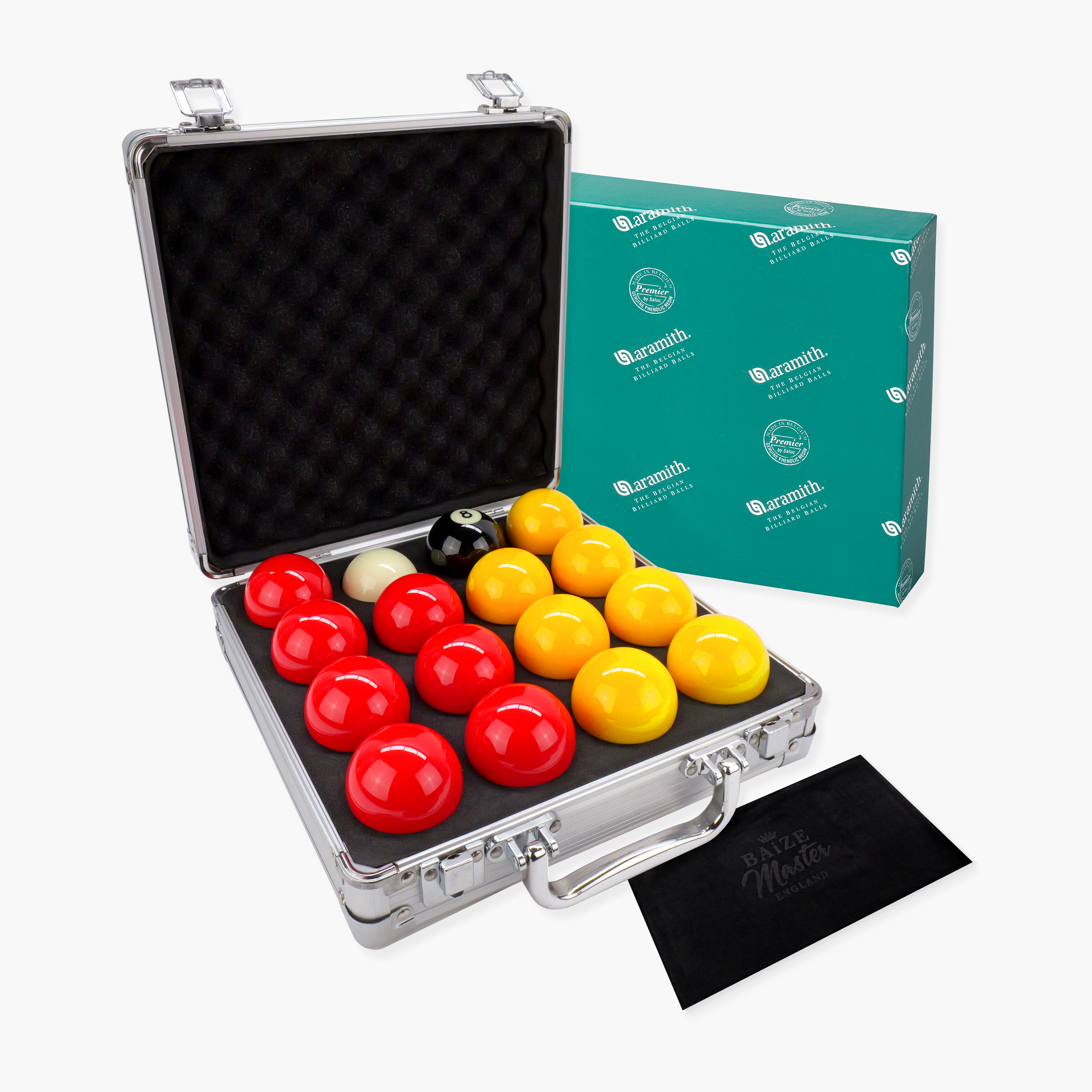 Aramith Premier Red & Yellow 2" Pool Balls with Baize Master Silver Ball Case and Towel