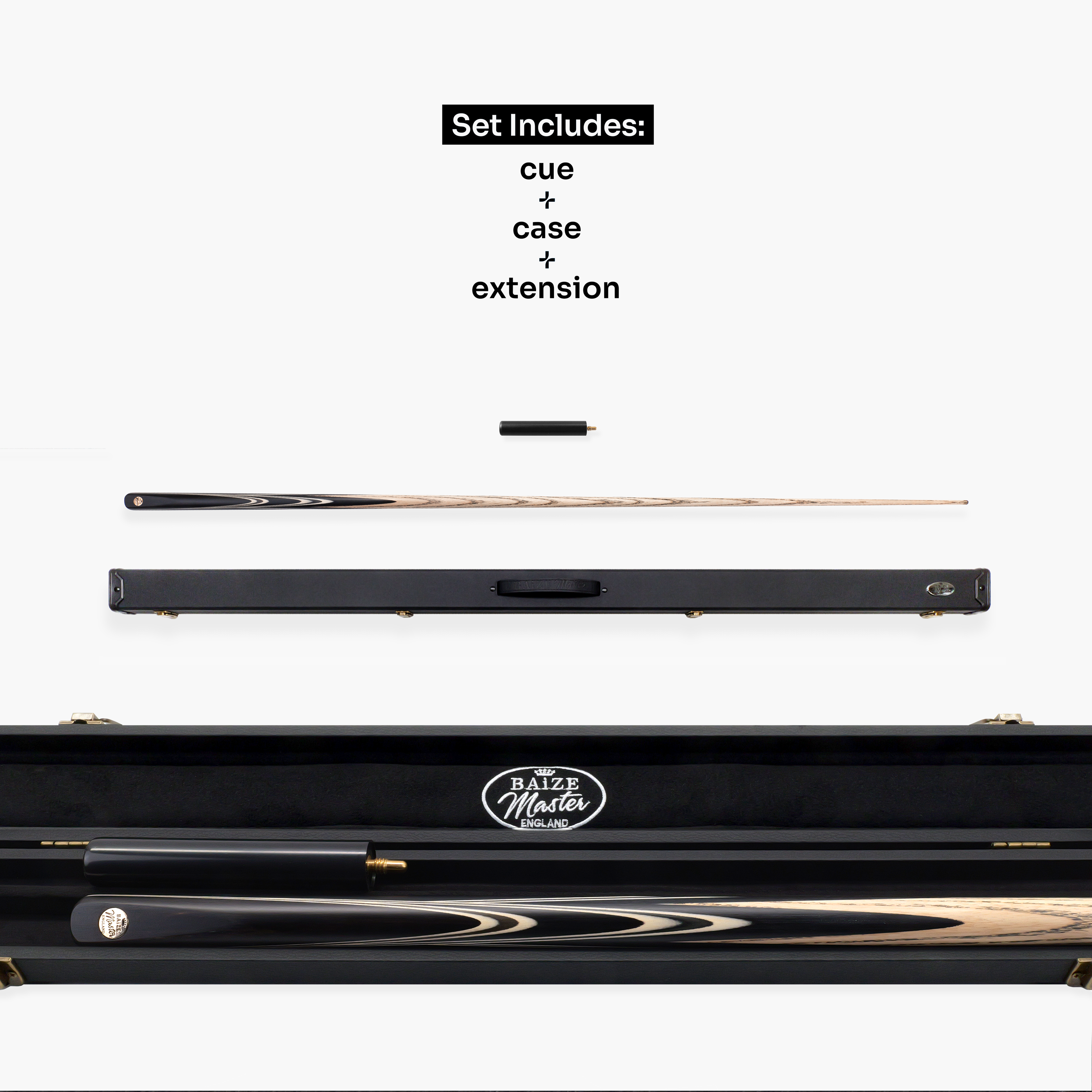 Baize Master Midnight Marksman 1 Piece Cue and Case Set with Baize Master Black Plastic Ends Case + Mini Butt