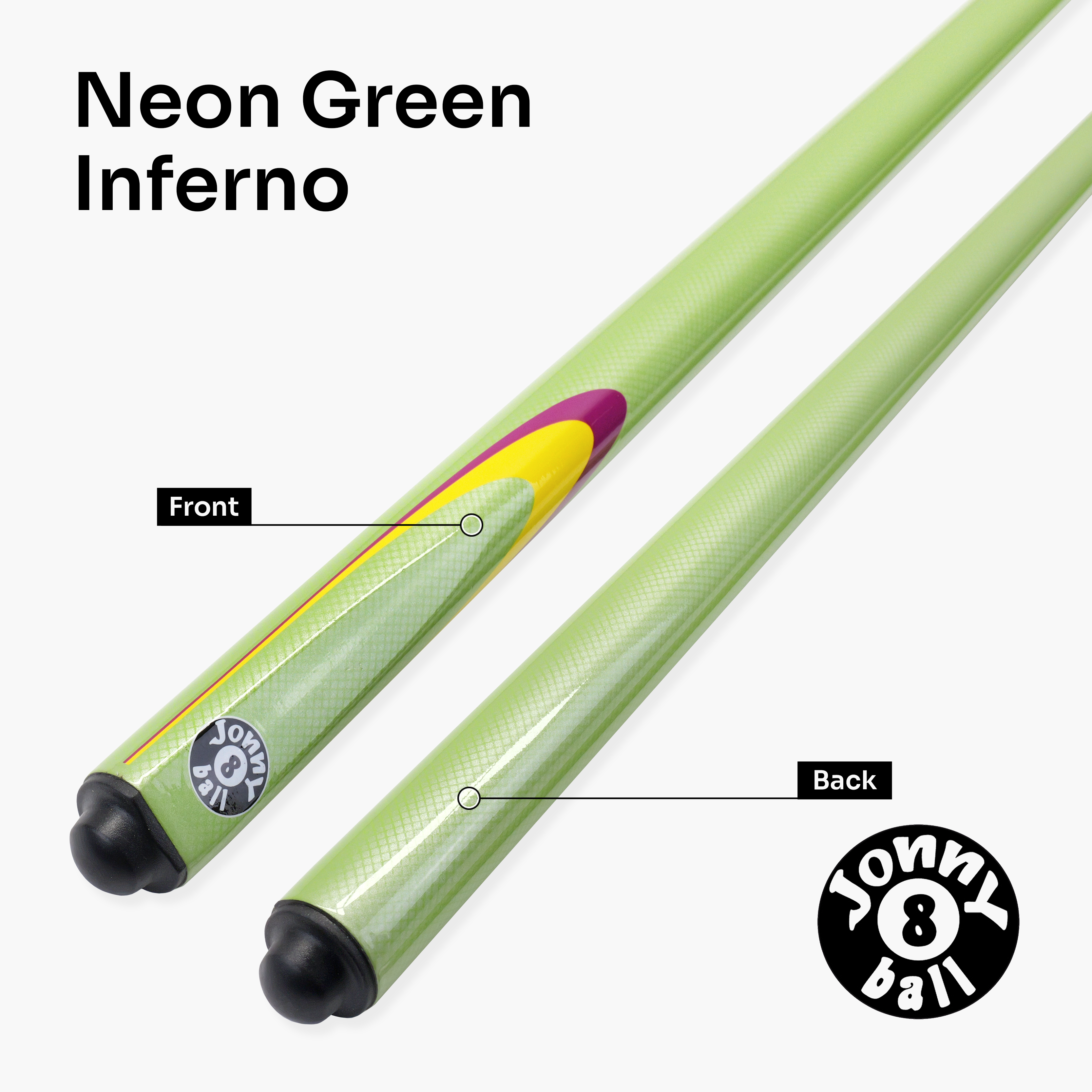 Jonny 8 Ball Inferno 2 Piece Graphite Fiberglass Snooker and Pool Cue 9.5mm Green Layered Tip