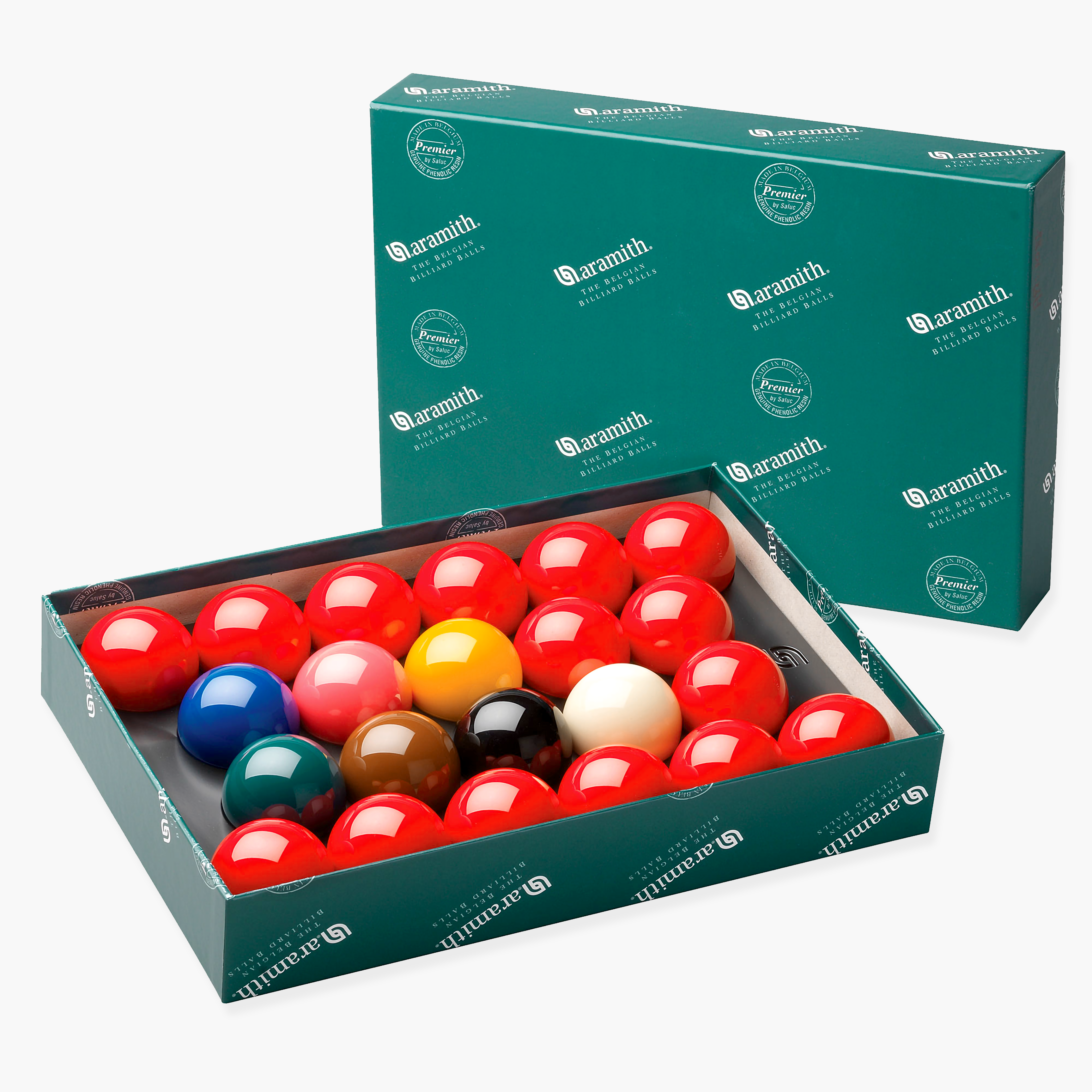 Aramith Premier 2 1/16" Full Size 22 Snooker Balls with Baize Master Silver Ball Case and Towel