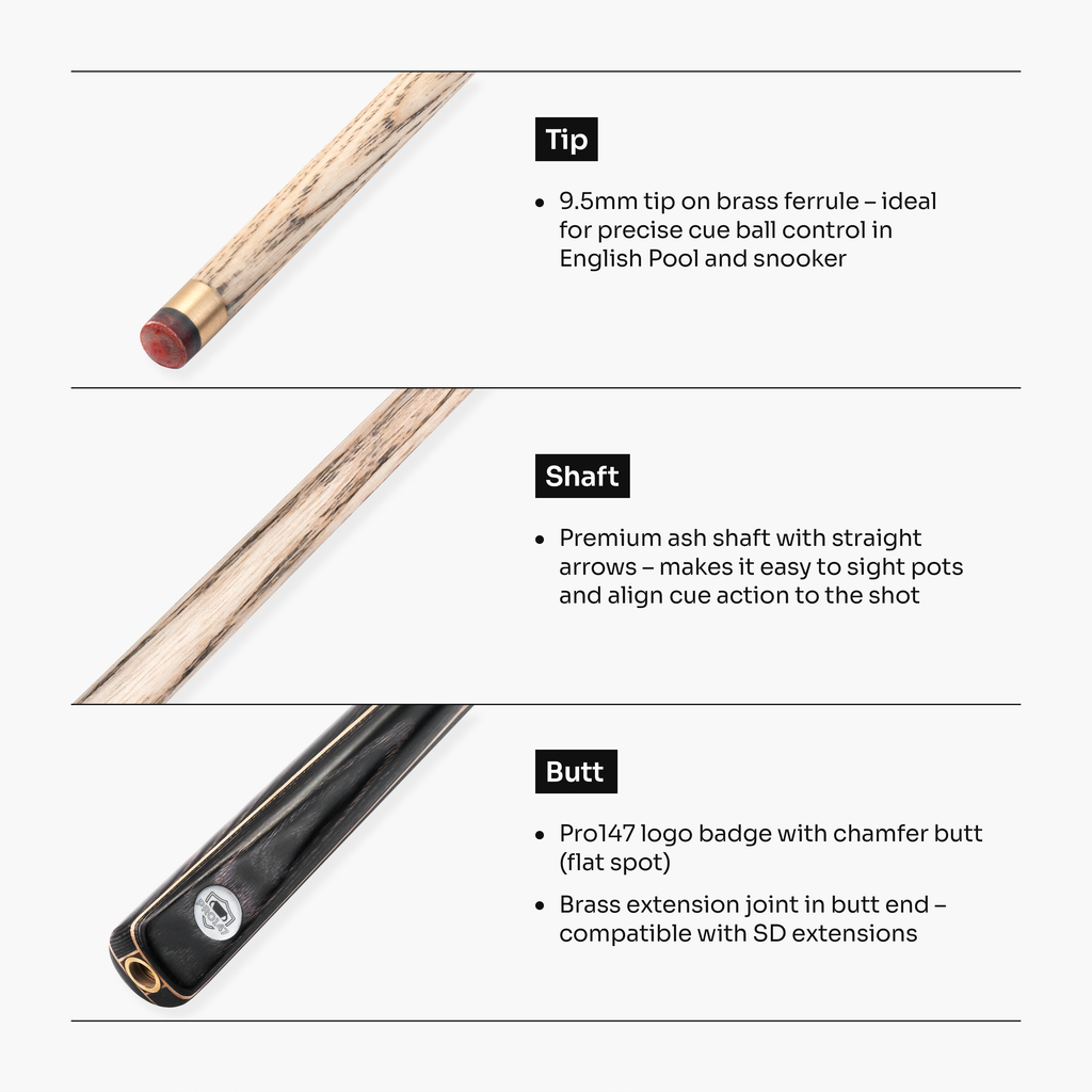 PRO147 Trident 57 Inch 1 Piece Hand Spliced Ash Snooker and Pool Cue with 9.5mm Tip