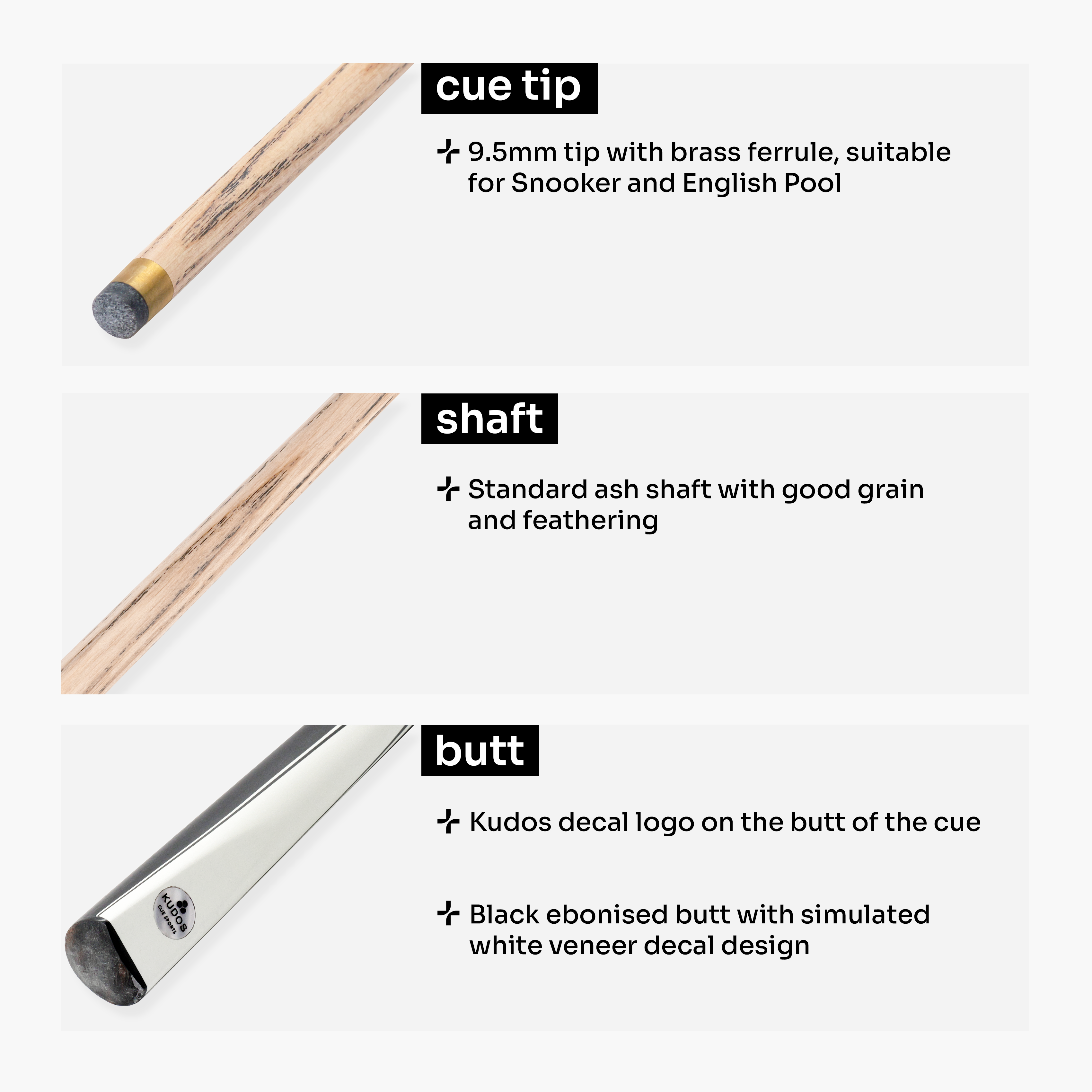 Kudos Classic Range 57 Inch Heavy Weight 2 Piece Traditional Ash Snooker Pool Cue with 9.5mm Tip
