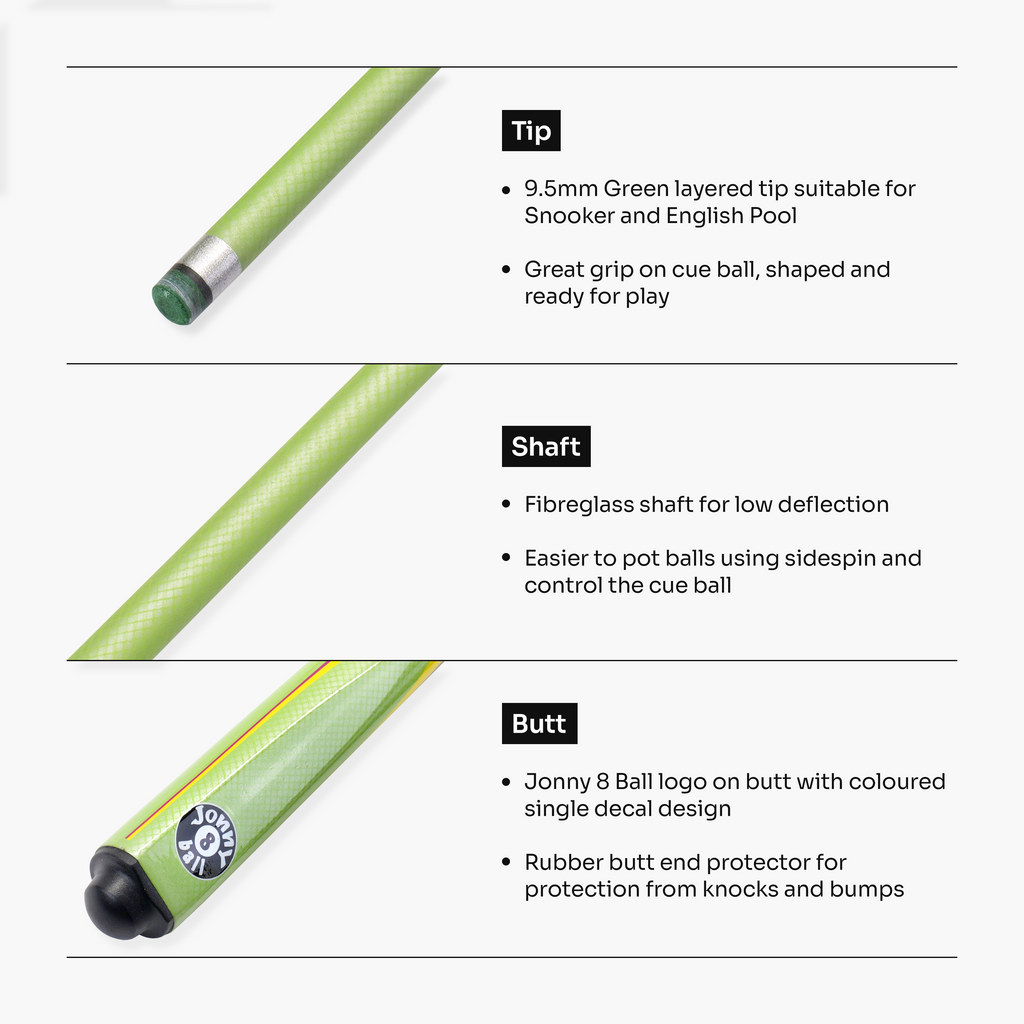 Jonny 8 Ball Inferno 2 Piece Graphite Fiberglass Snooker and Pool Cue 9.5mm Green Layered Tip