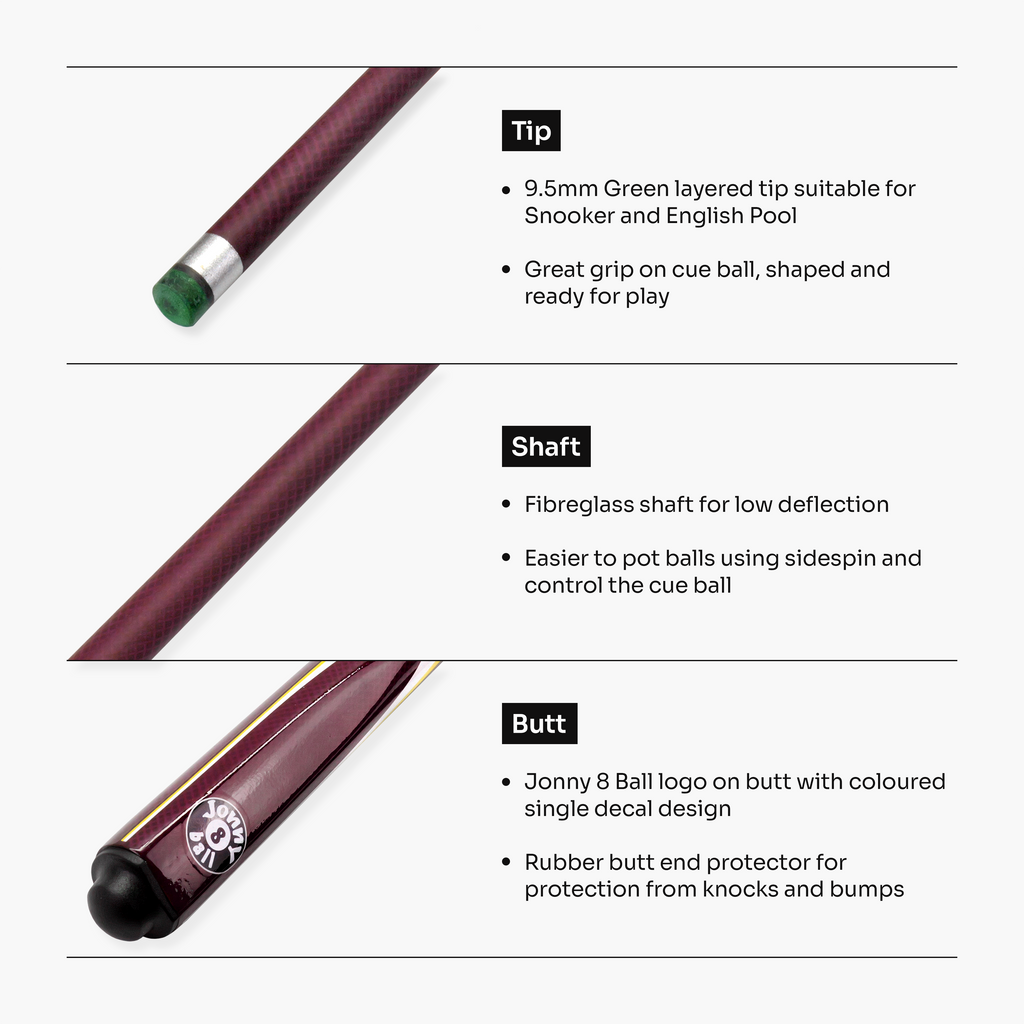 Jonny 8 Ball Inferno 2 Piece Graphite Fiberglass Snooker and Pool Cue 9.5mm Green Layered Tip