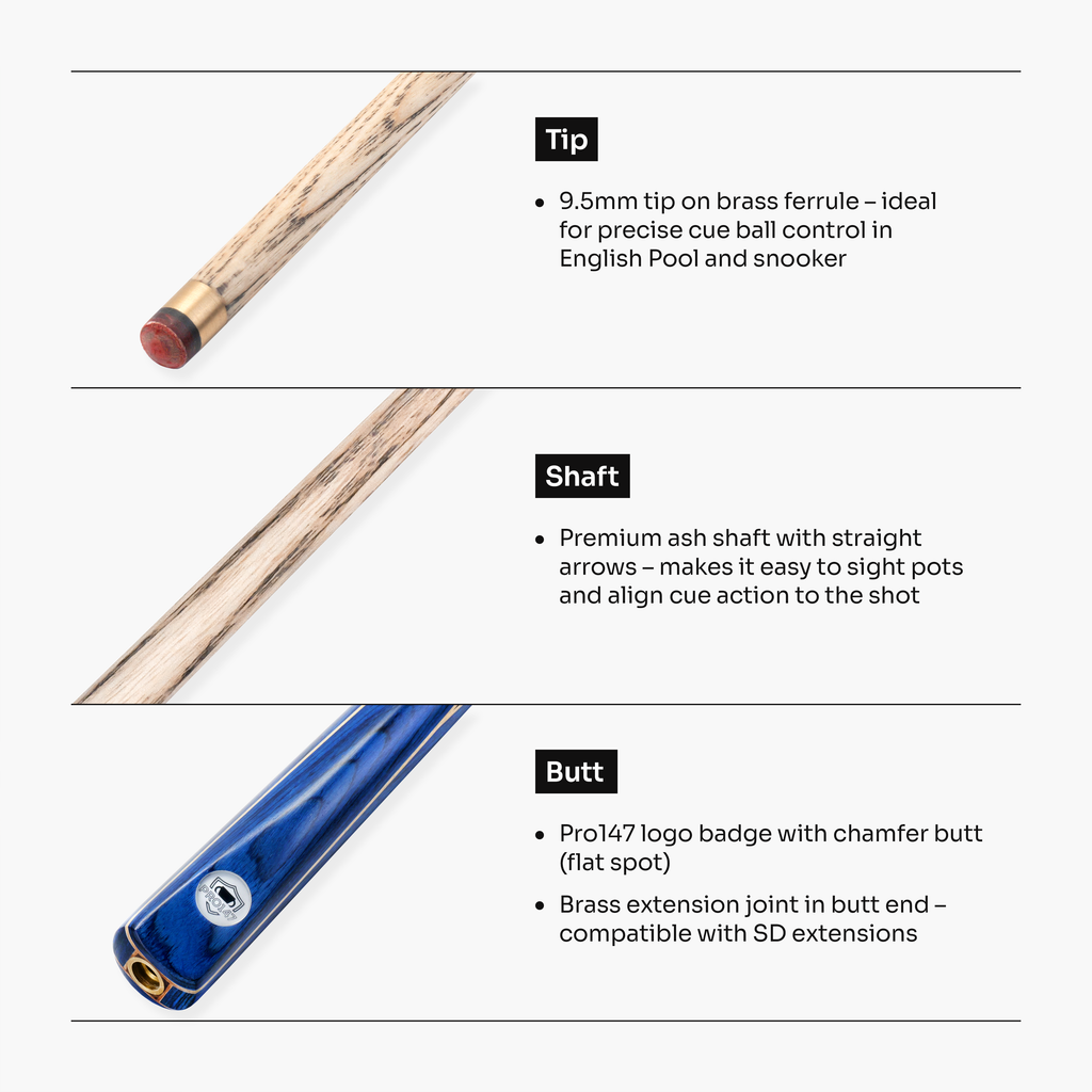 PRO147 Trident 57 Inch 1 Piece Hand Spliced Ash Snooker and Pool Cue with 9.5mm Tip