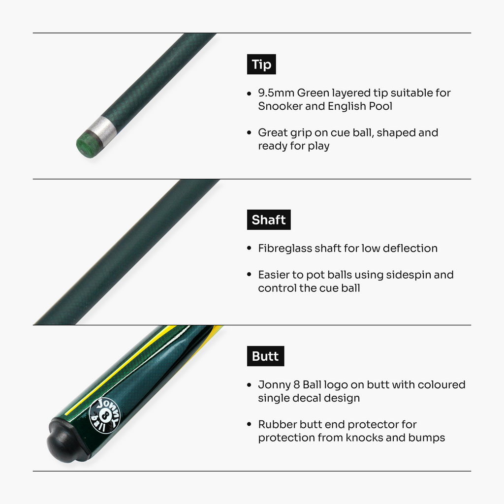Jonny 8 Ball Inferno 2 Piece Graphite Fiberglass Snooker and Pool Cue 9.5mm Green Layered Tip