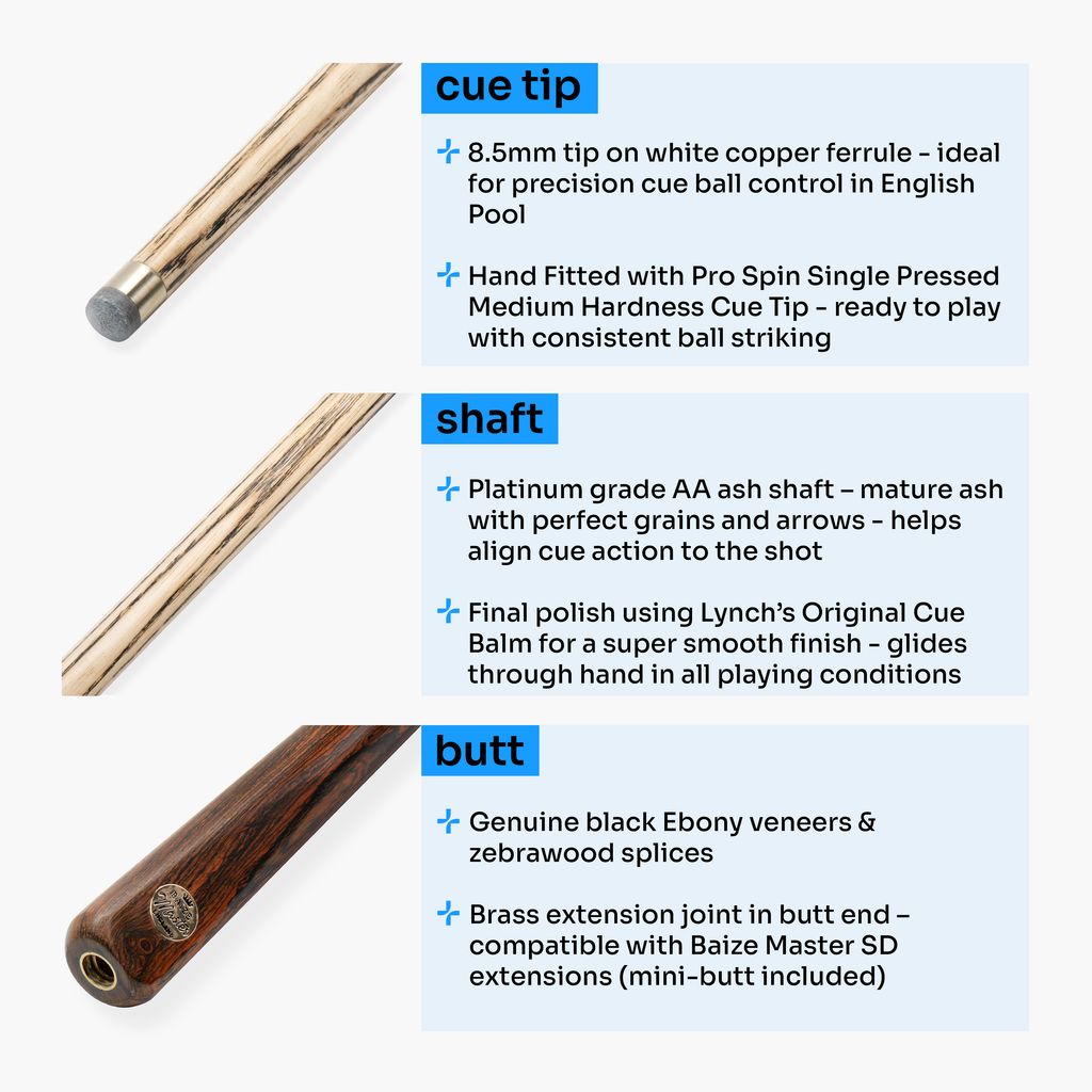 Baize Master Platinum Blue Flame 57-inch pool cue - 8.5mm tip